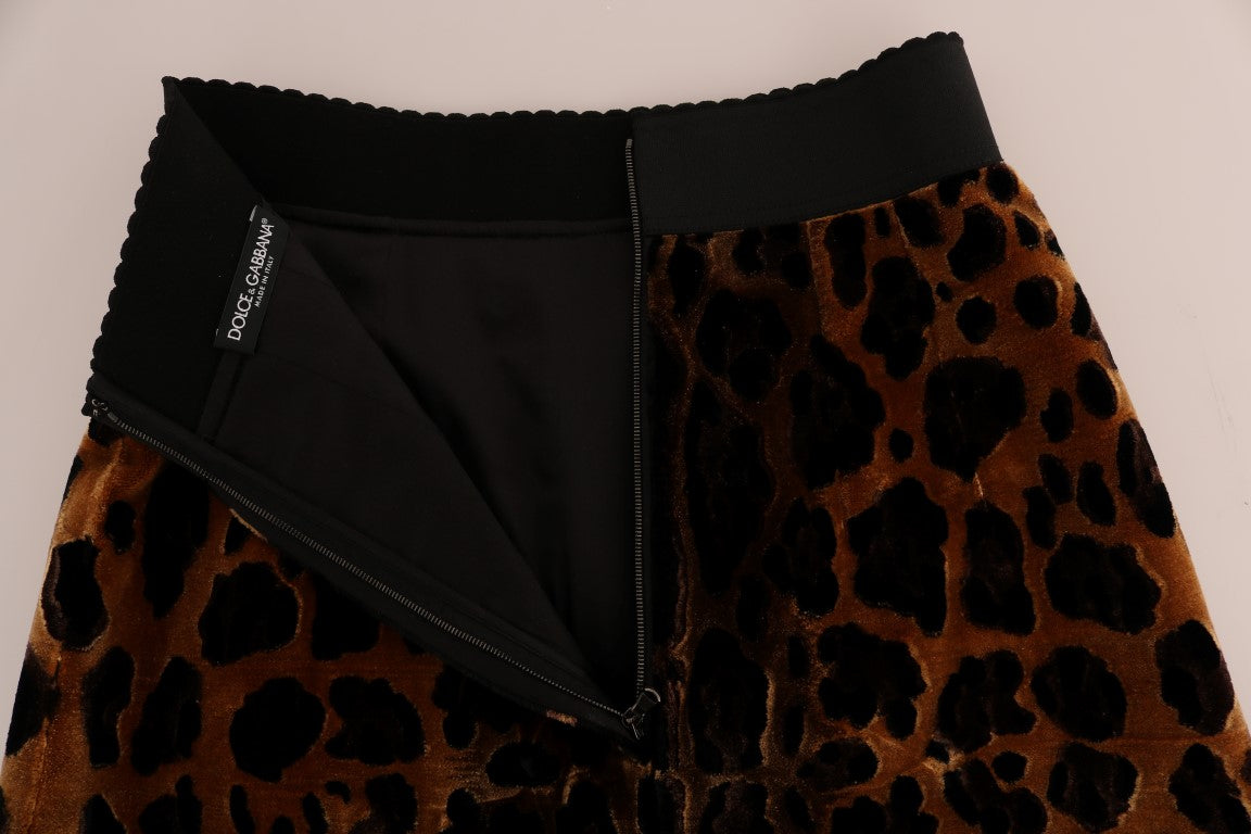 Jupe trapèze en soie à imprimé léopard marron Dolce & Gabbana