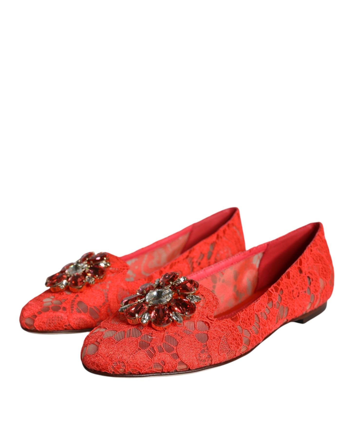 Mocassins ballerines en dentelle corail et cristaux Dolce & Gabbana