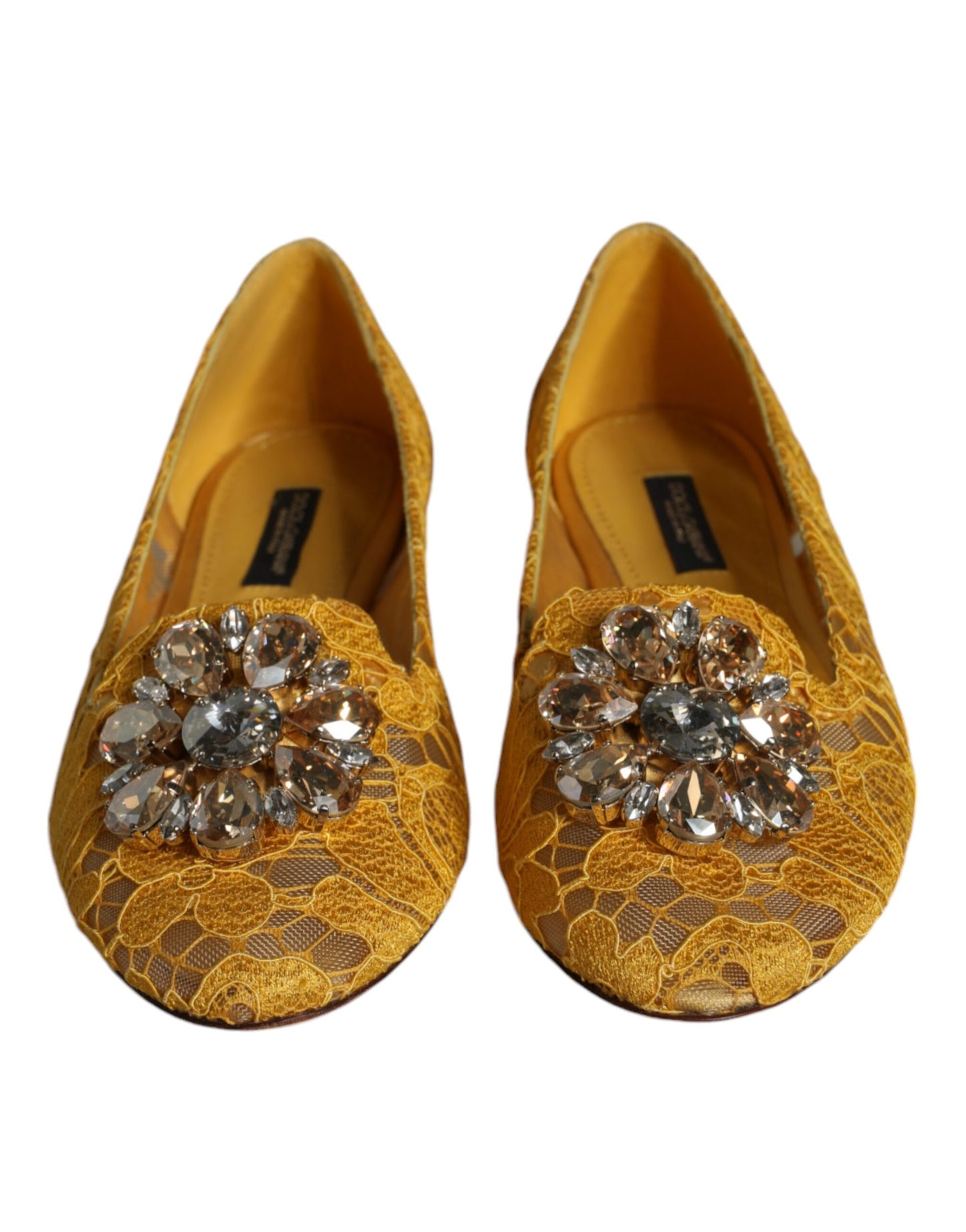 Dolce & Gabbana – Senfgelbe Ballerinas mit Spitze und Kristallen