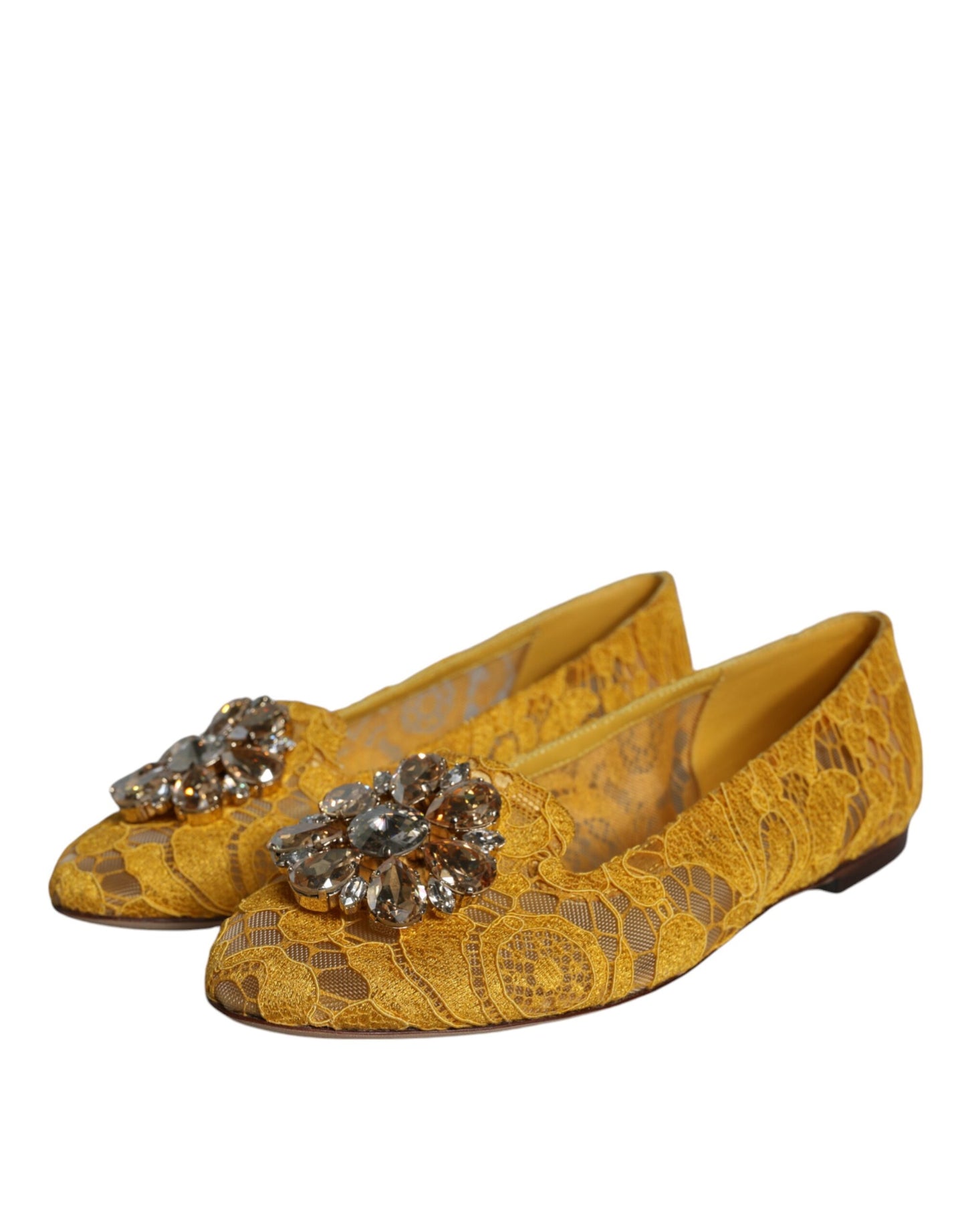 Dolce & Gabbana – Senfgelbe Ballerinas mit Spitze und Kristallen