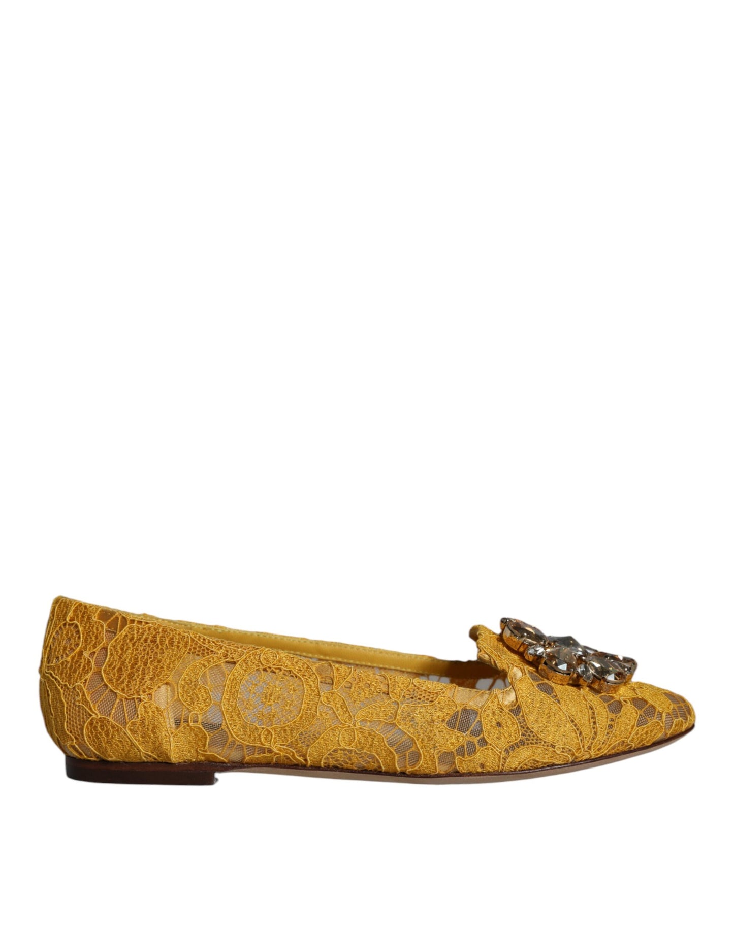 Dolce & Gabbana – Senfgelbe Ballerinas mit Spitze und Kristallen