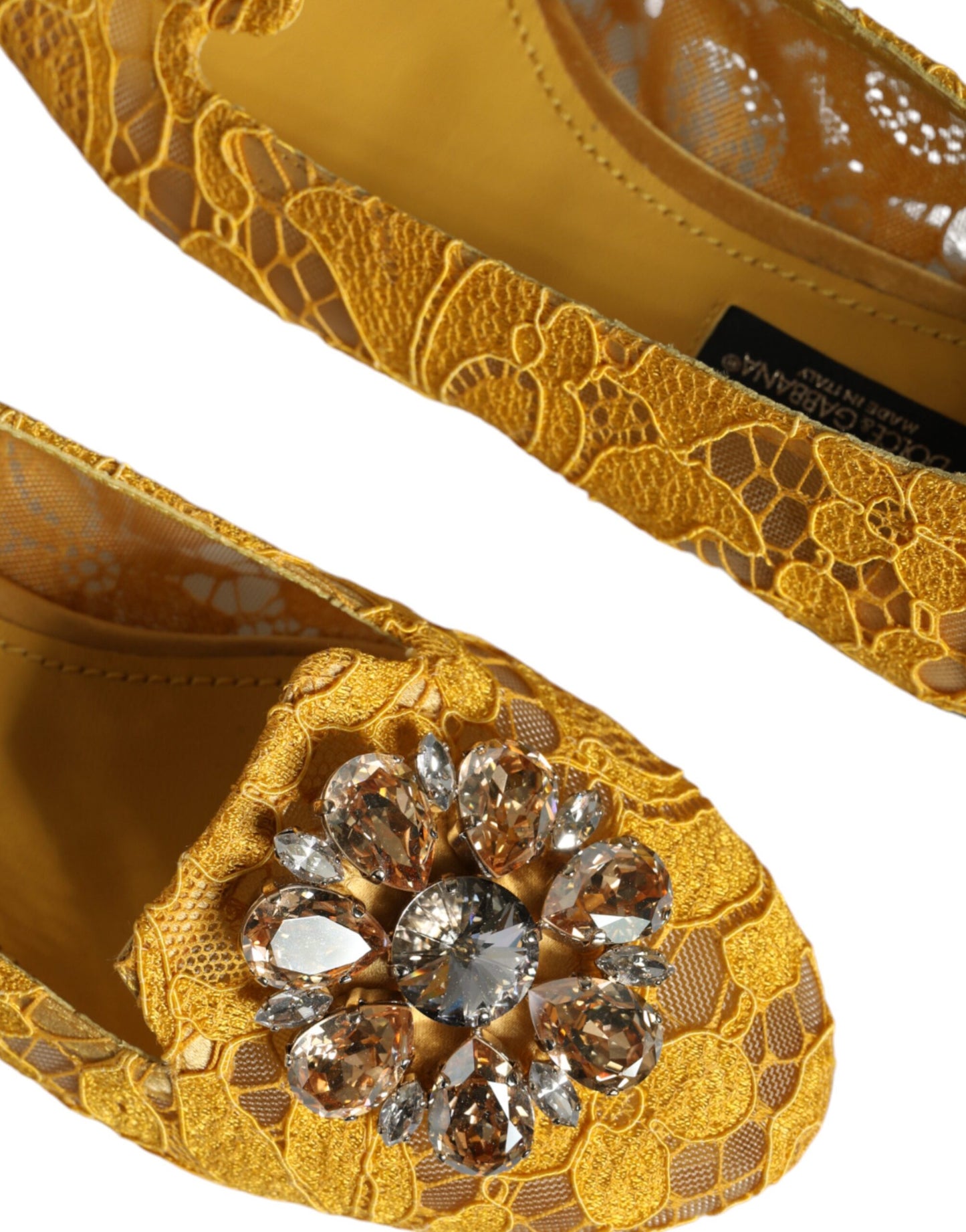 Dolce & Gabbana – Senfgelbe Ballerinas mit Spitze und Kristallen