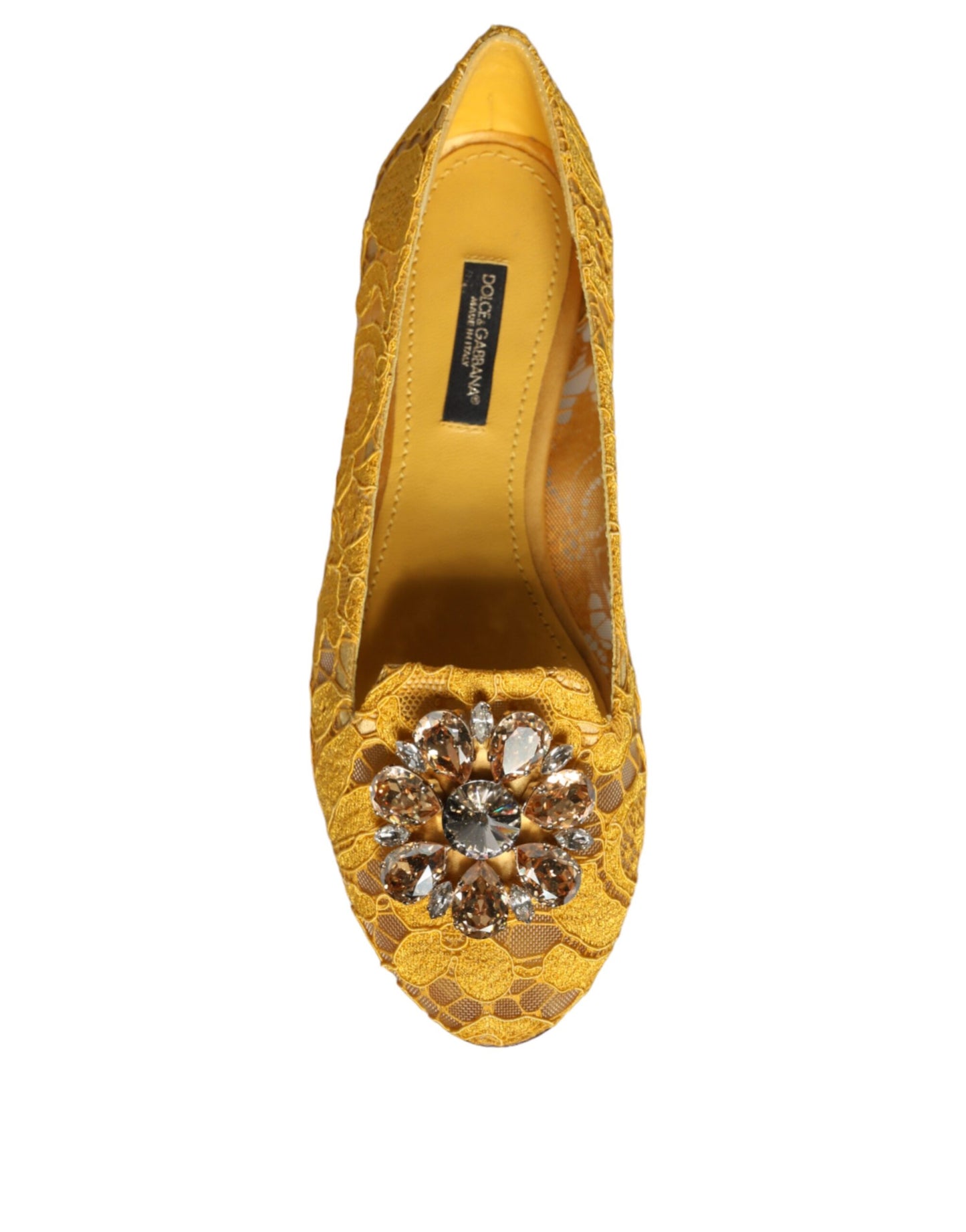 Dolce & Gabbana – Senfgelbe Ballerinas mit Spitze und Kristallen