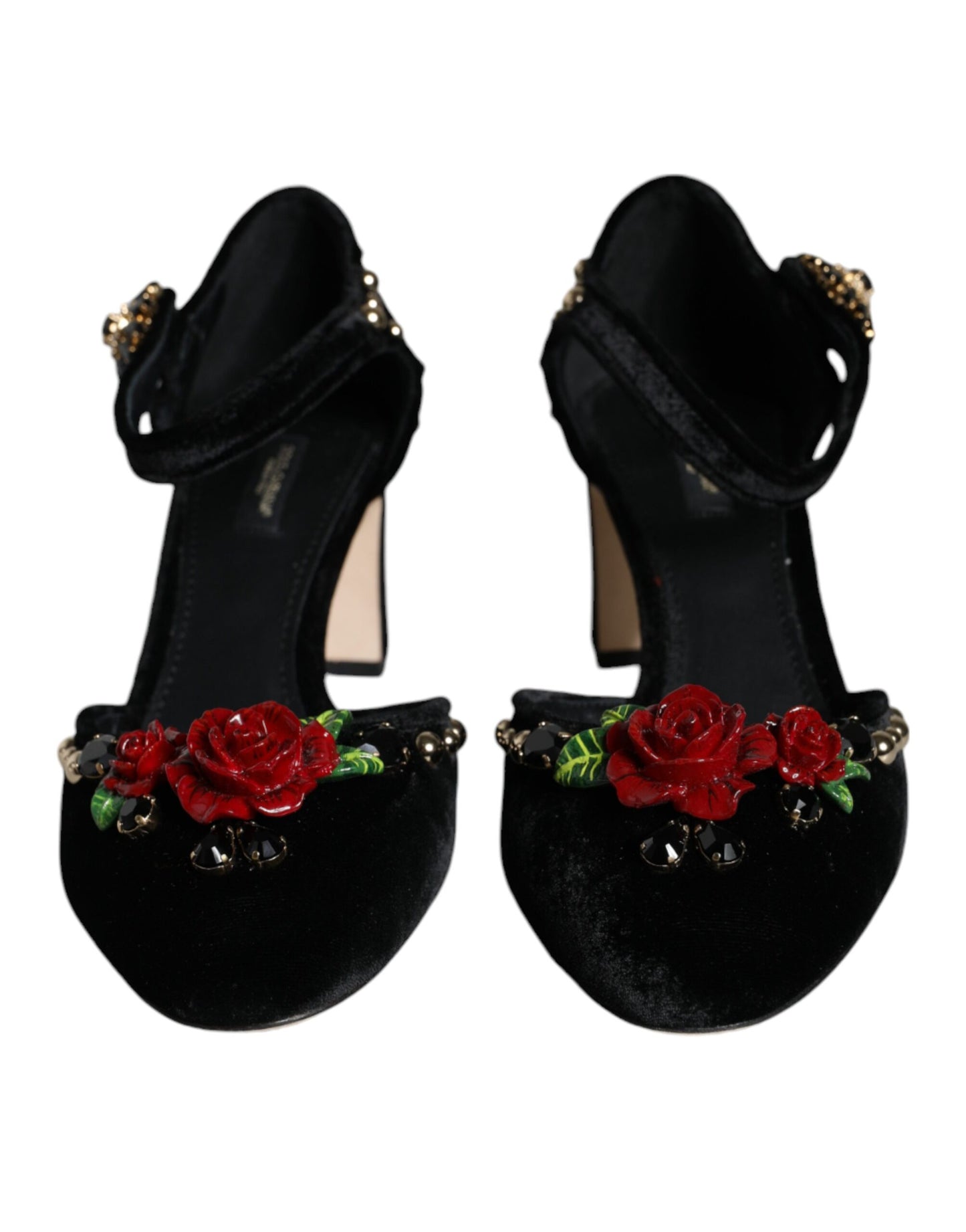 Escarpins Dolce & Gabbana en velours noir avec bride cheville et roses