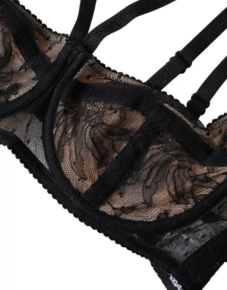 Soutien-gorge balconnet en nylon et dentelle florale noire Dolce & Gabbana
