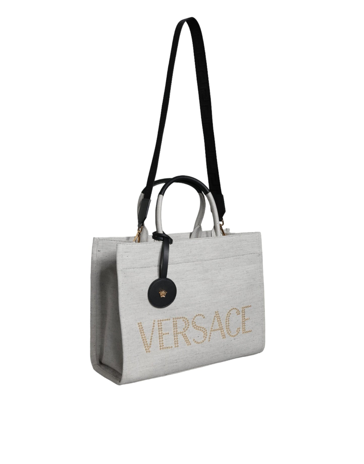 Sac fourre-tout à bandoulière en toile et cuir blanc avec logo Versace
