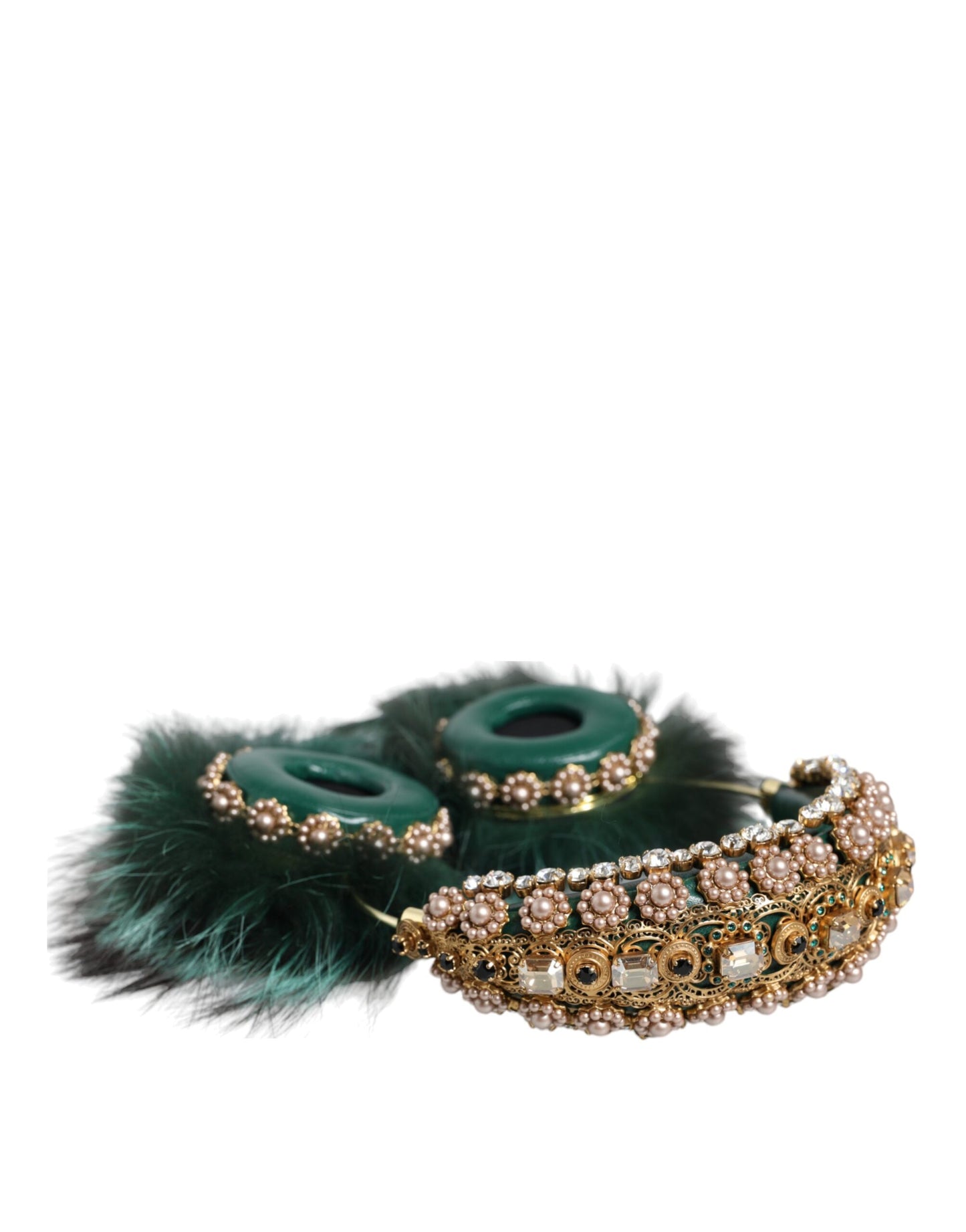 Casque audio auxiliaire Dolce & Gabbana en fourrure de cristal vert et or