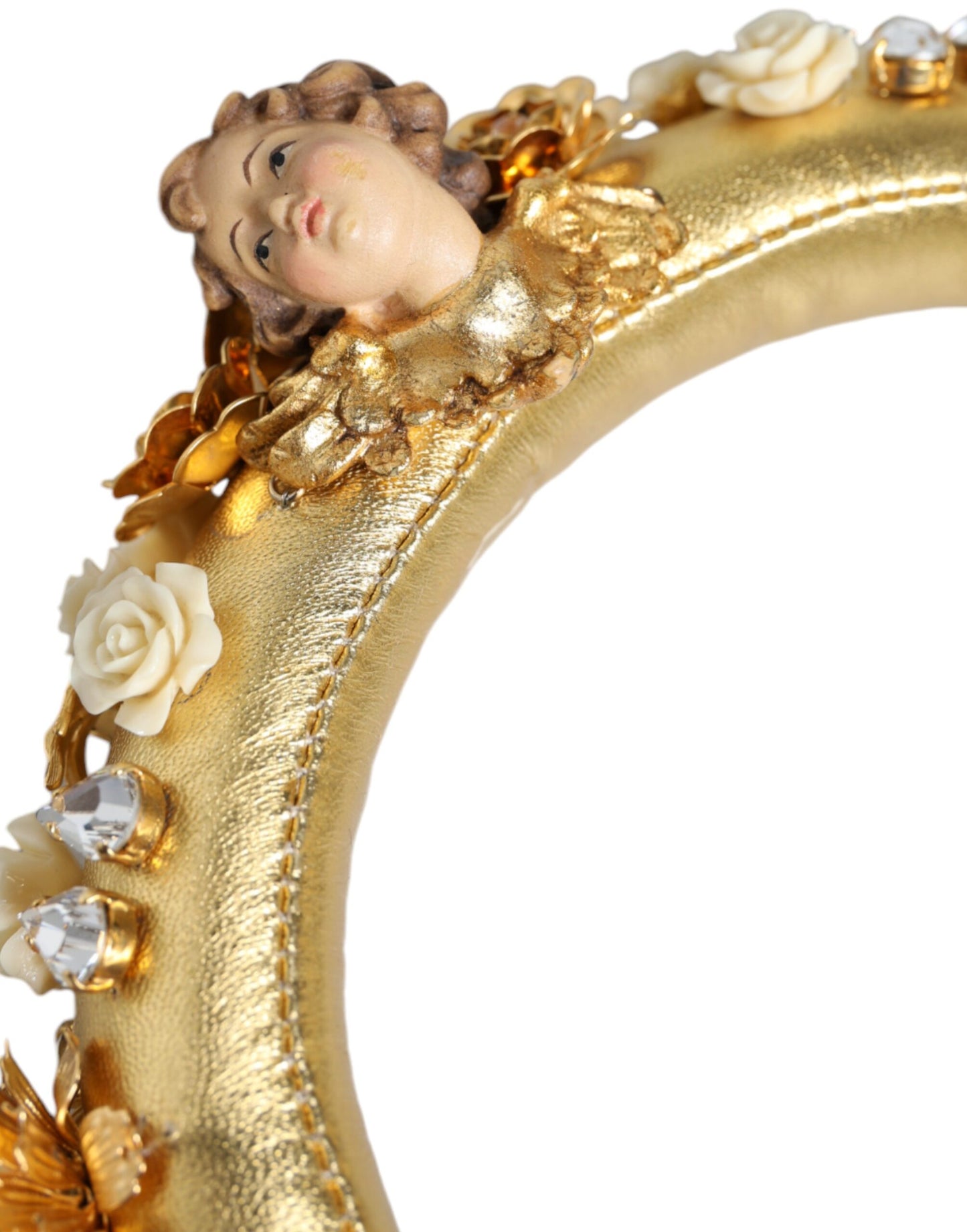 Casque audio Dolce & Gabbana en cuir doré avec motif floral et cristaux Angel