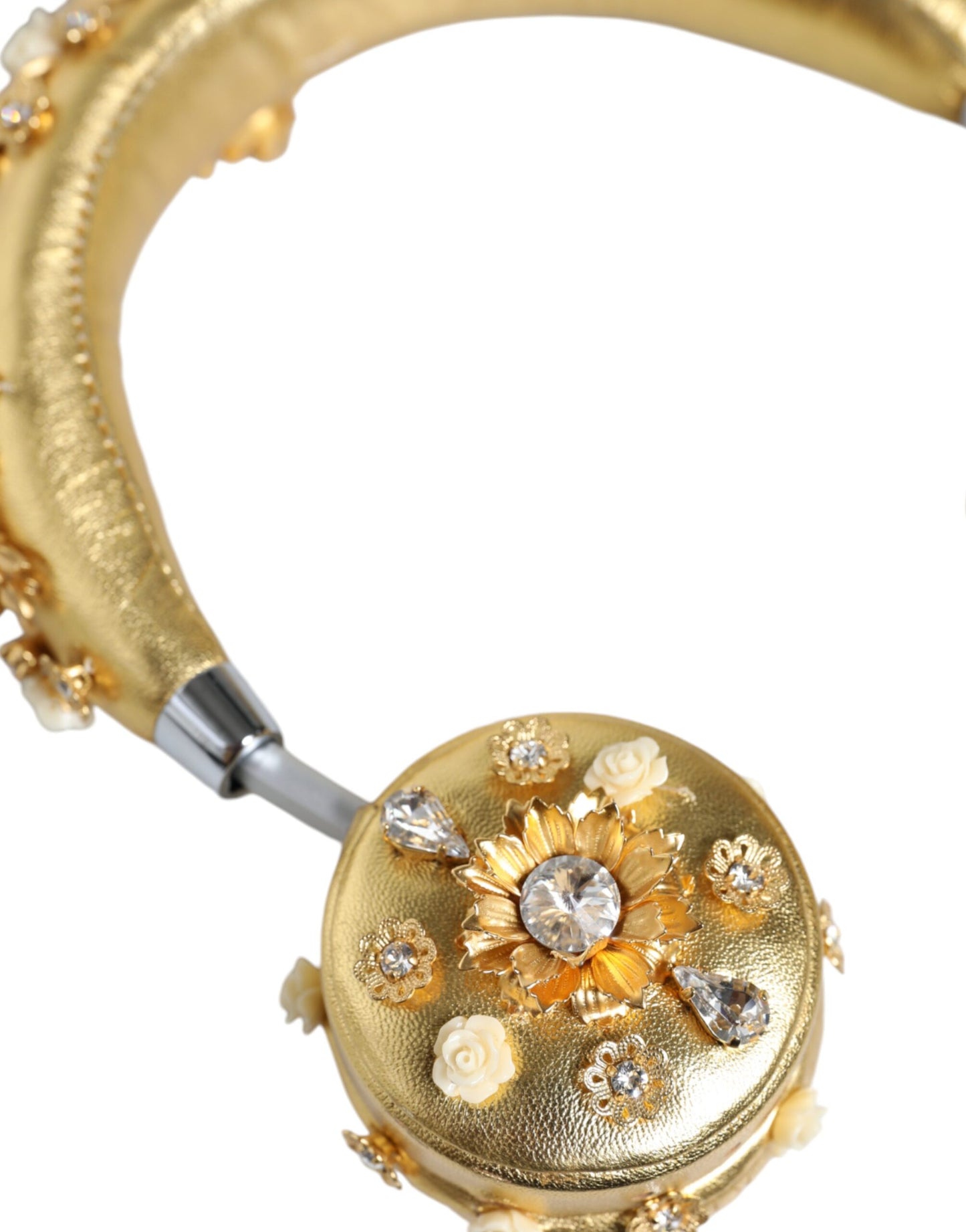 Casque audio Dolce & Gabbana en cuir doré avec motif floral et cristaux Angel