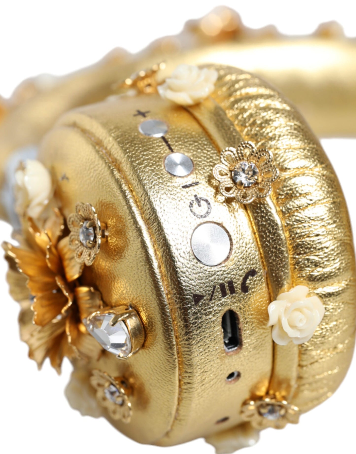 Casque audio Dolce & Gabbana en cuir doré avec motif floral et cristaux Angel