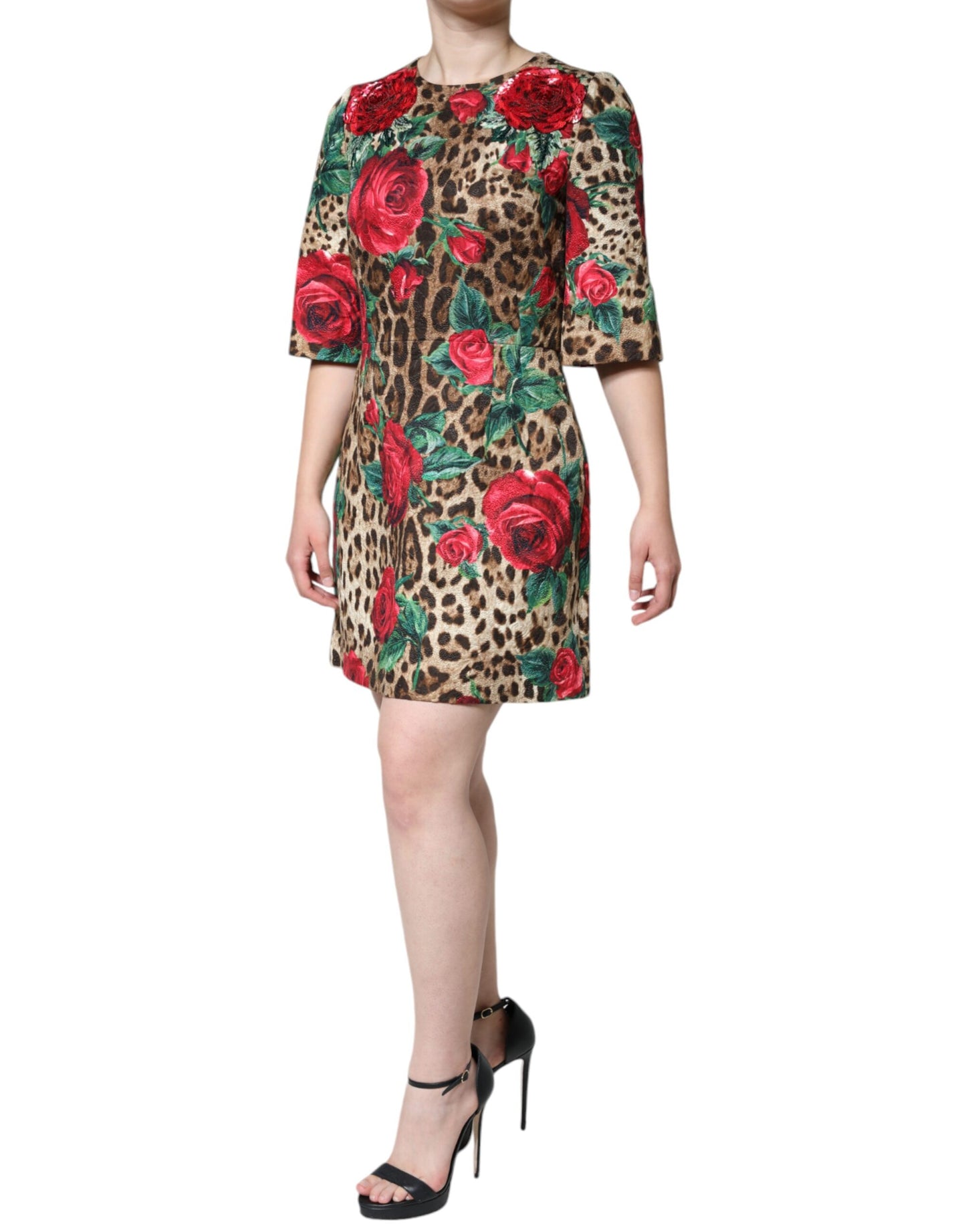 Robe trapèze en coton à imprimé léopard marron et roses rouges Dolce & Gabbana