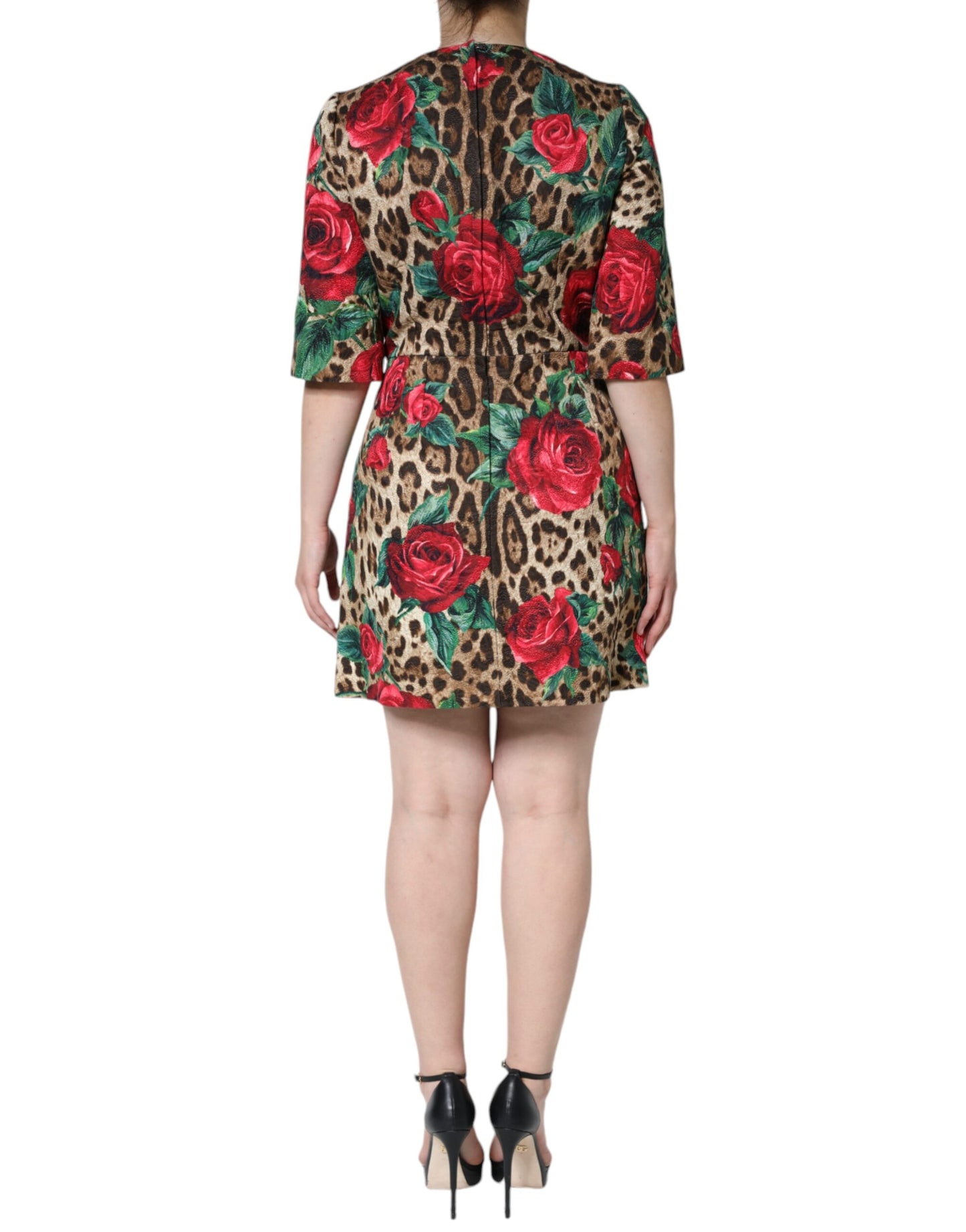 Robe trapèze en coton à imprimé léopard marron et roses rouges Dolce & Gabbana