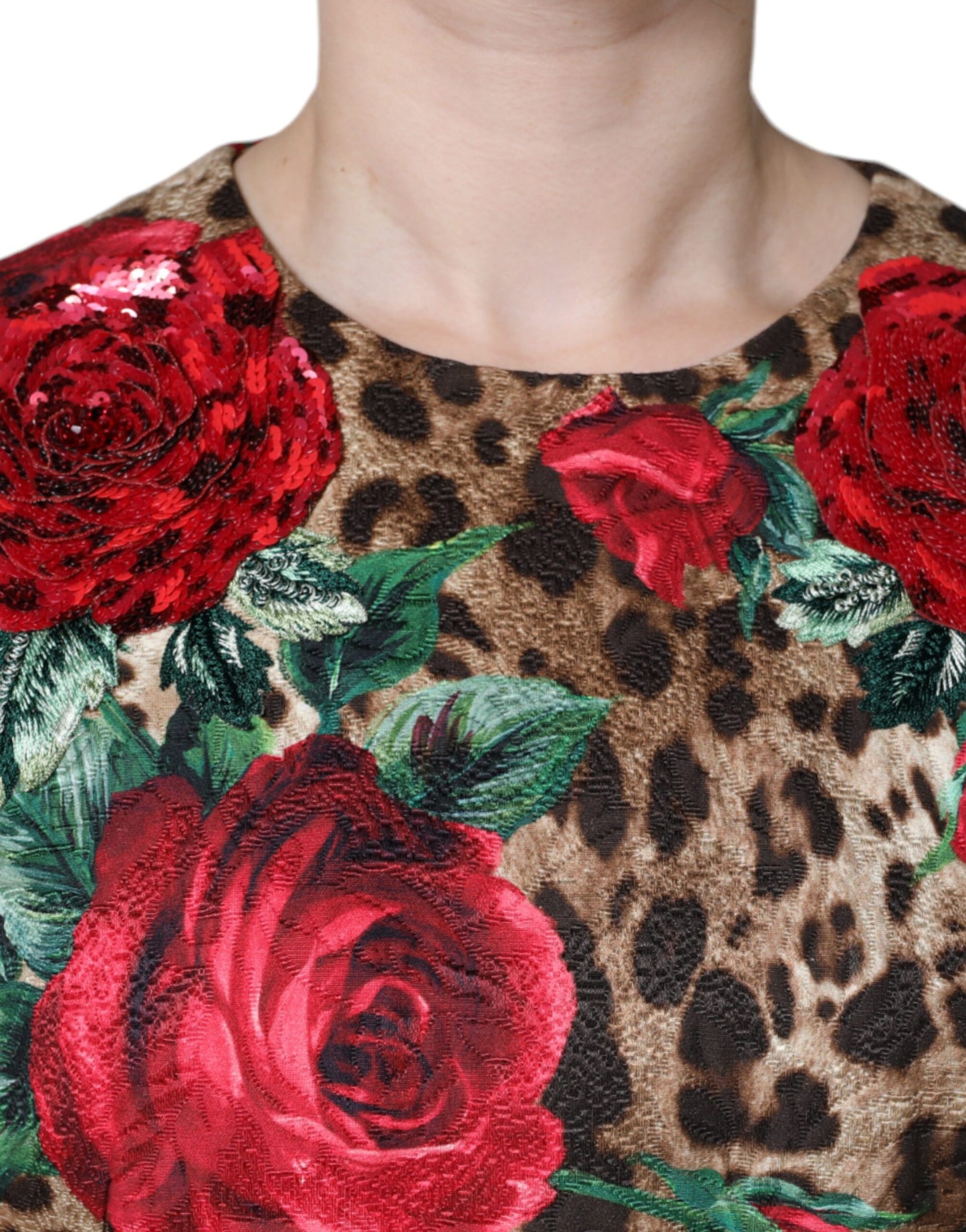 Robe trapèze en coton à imprimé léopard marron et roses rouges Dolce & Gabbana
