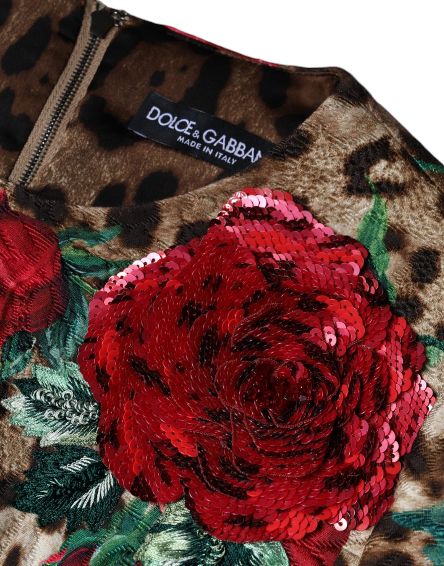 Robe trapèze en coton à imprimé léopard marron et roses rouges Dolce & Gabbana