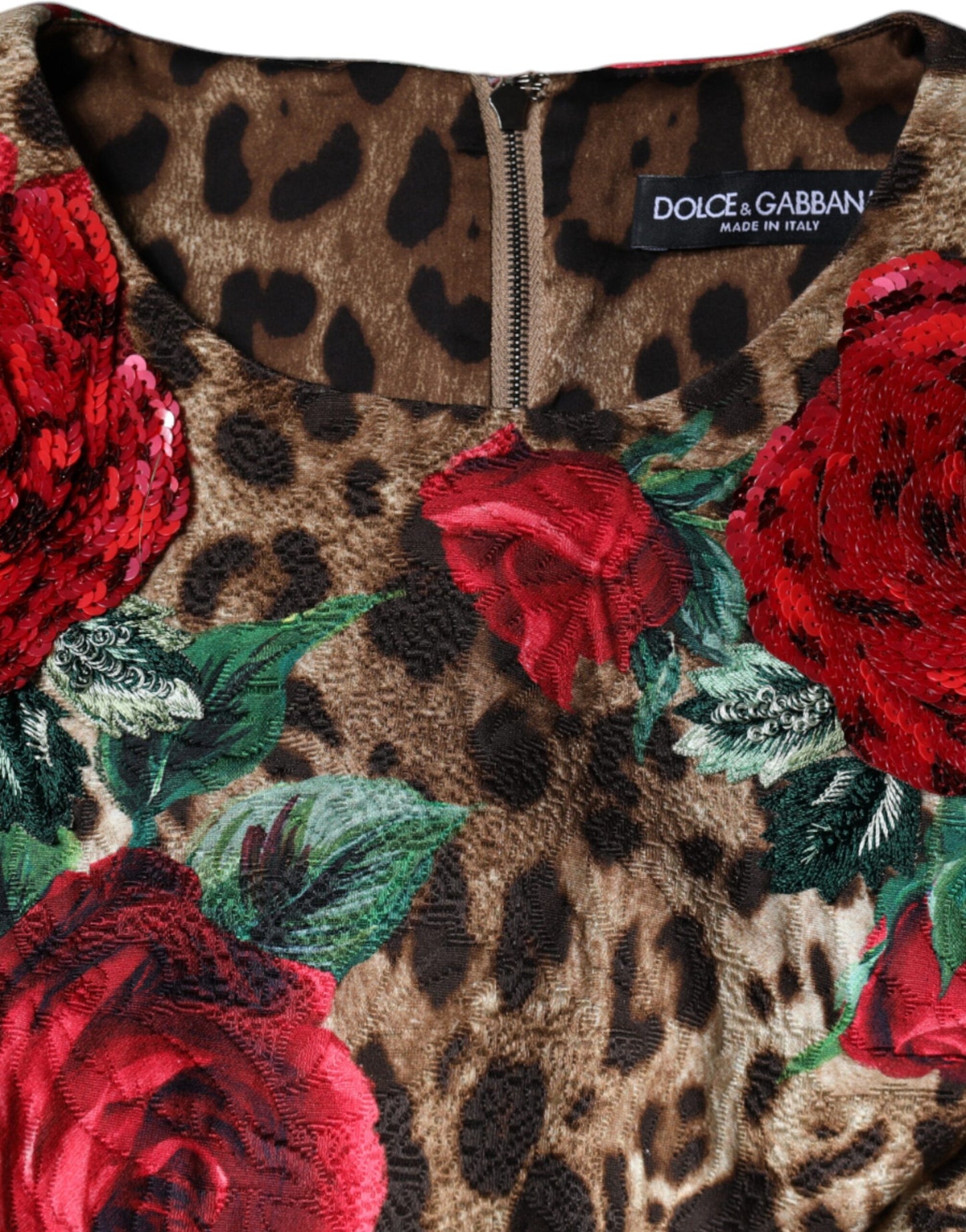 Robe trapèze en coton à imprimé léopard marron et roses rouges Dolce & Gabbana