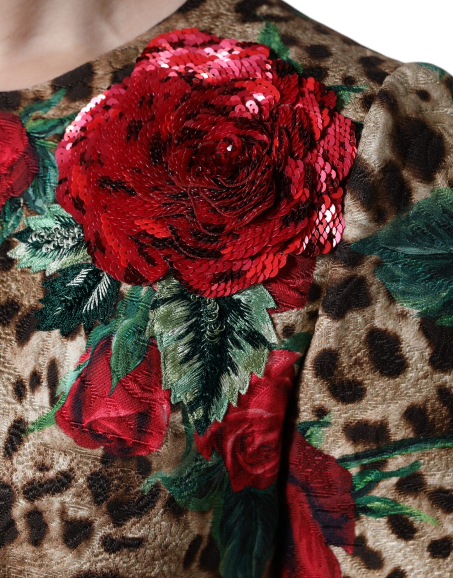 Robe trapèze en coton à imprimé léopard marron et roses rouges Dolce & Gabbana