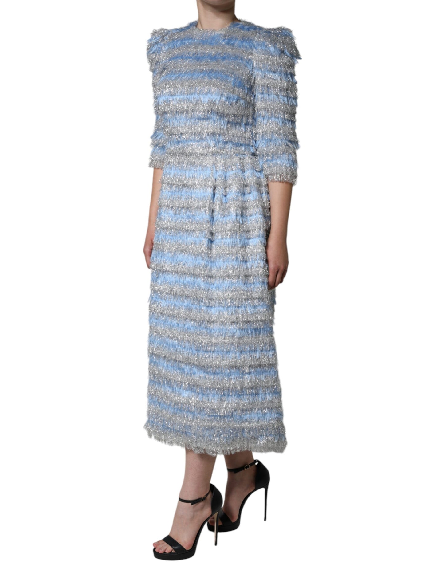 Robe mi-longue trapèze en jacquard bleu clair argenté Dolce & Gabbana