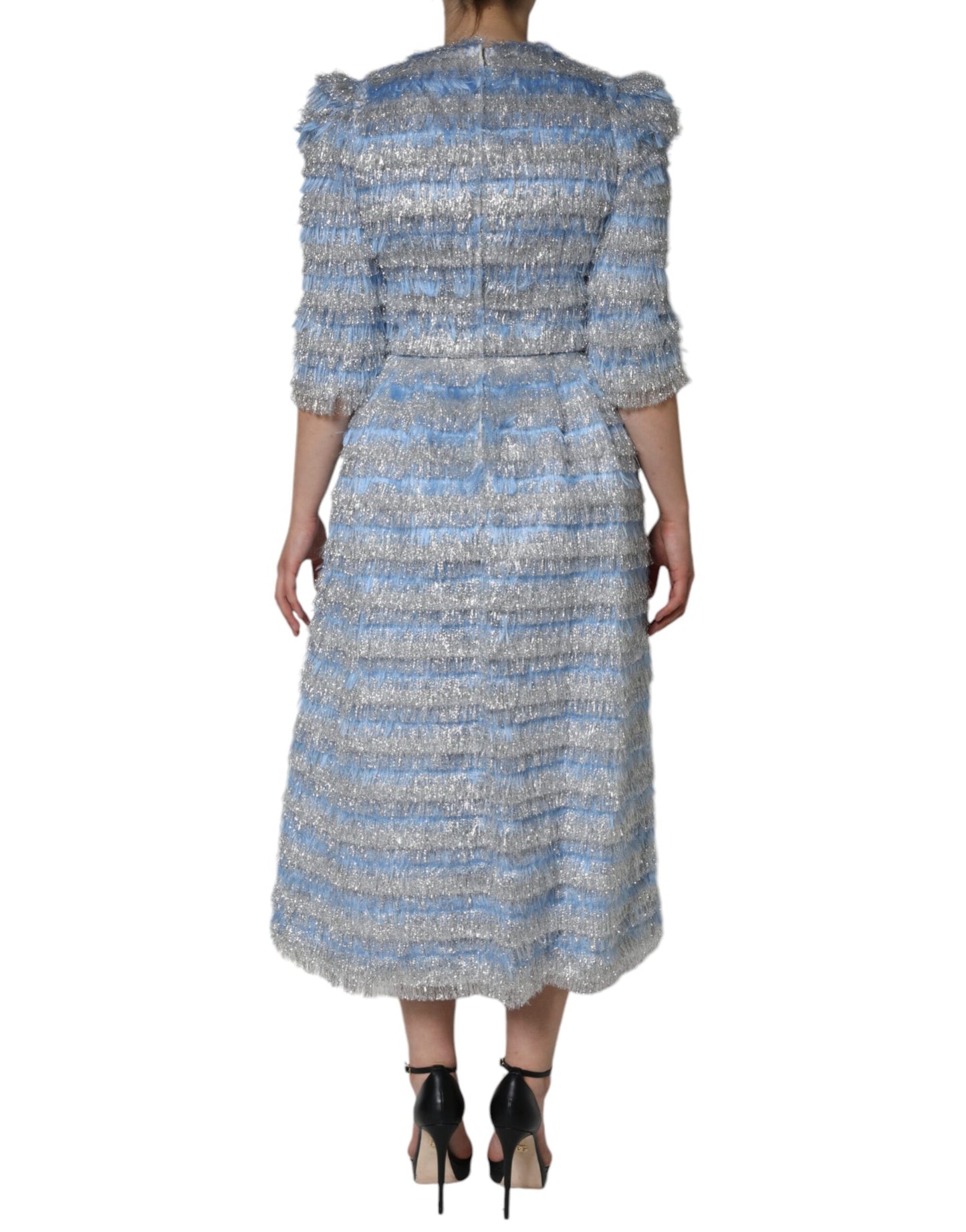 Robe mi-longue trapèze en jacquard bleu clair argenté Dolce & Gabbana