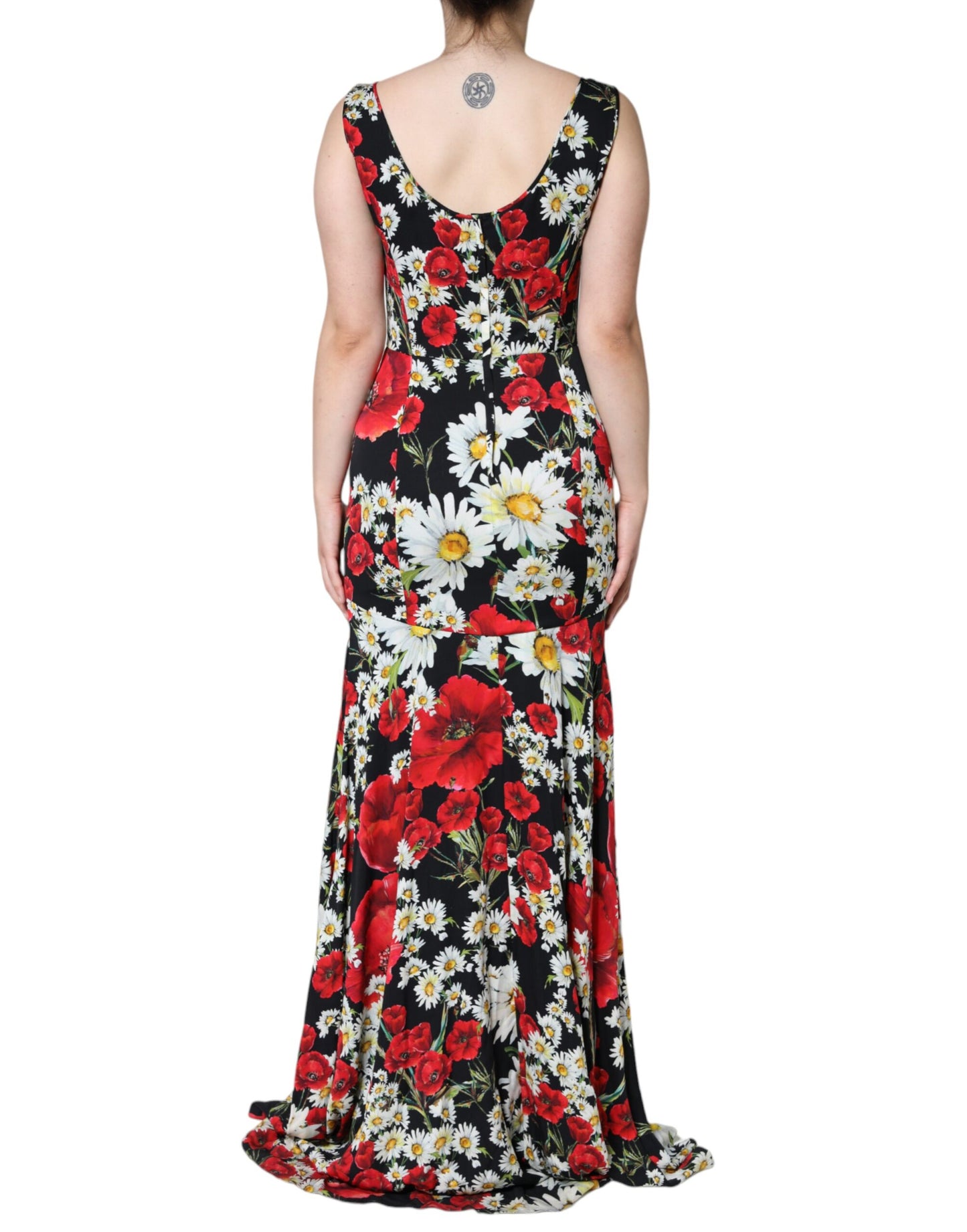 Dolce & Gabbana – Langes, ärmelloses Seidenkleid mit Blumenmuster in Schwarz