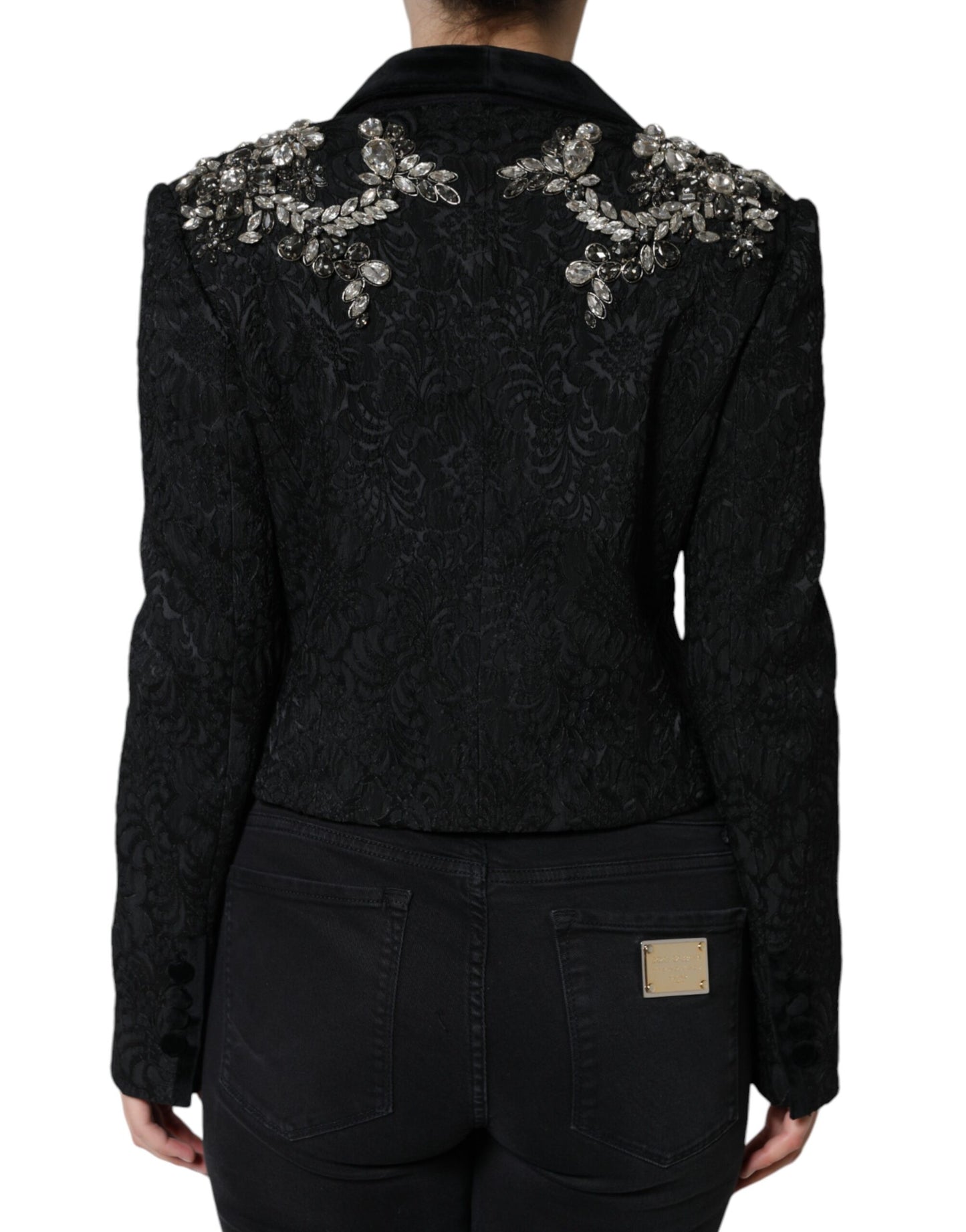 Dolce & Gabbana – Schwarzer Jacquard-Blazer mit Kristallblumenmuster