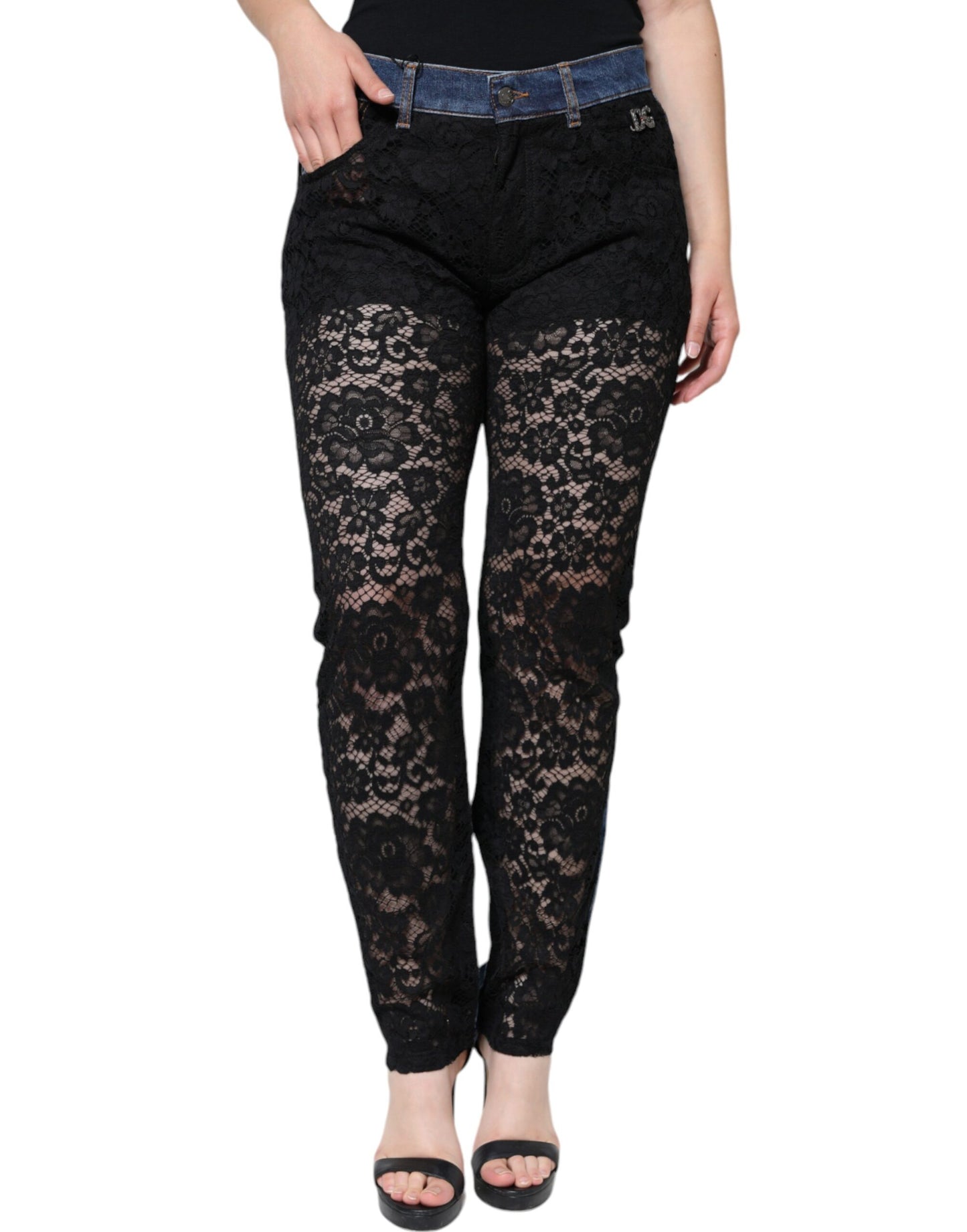 Jean skinny en denim noir à dentelle florale Dolce & Gabbana