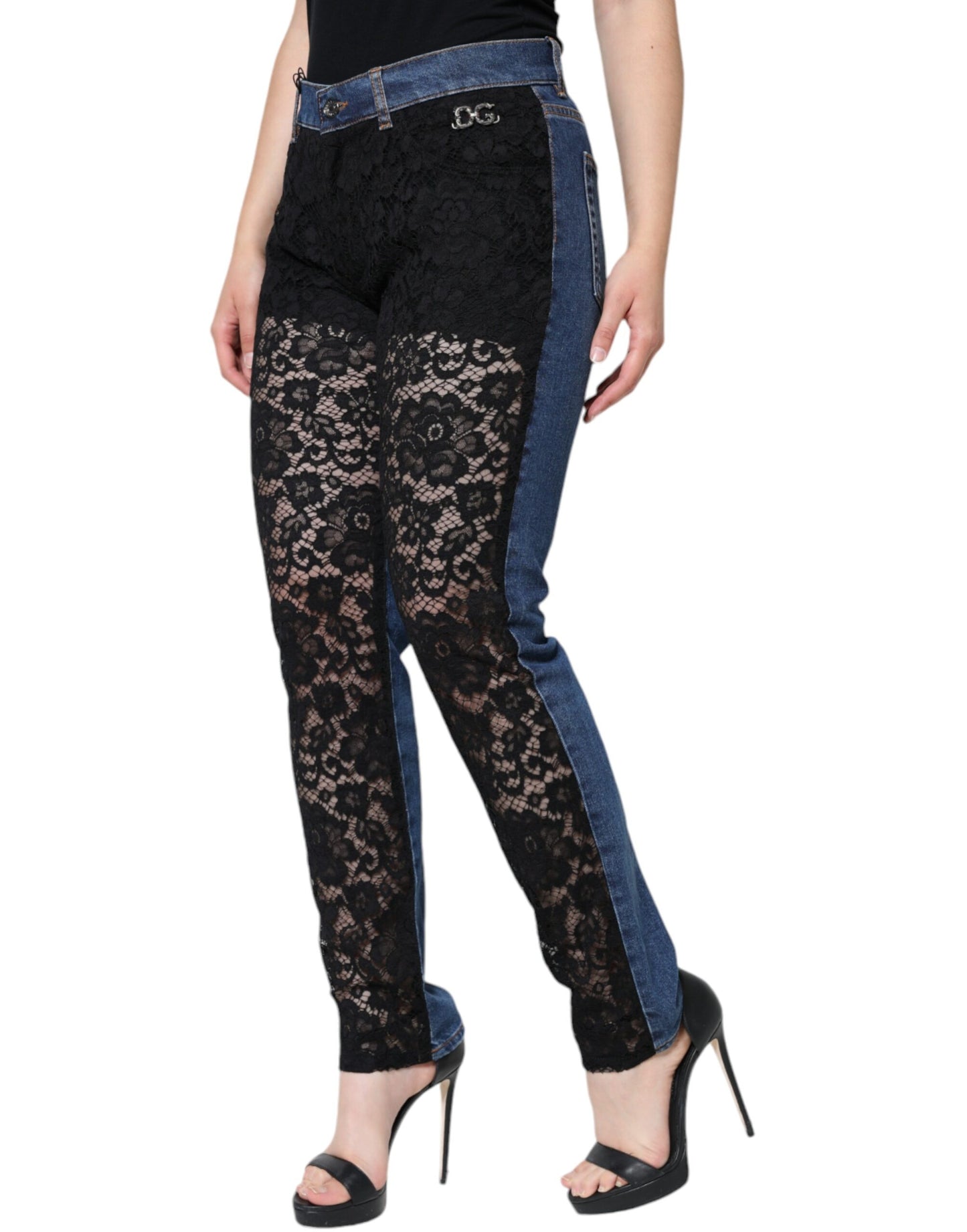 Jean skinny en denim noir à dentelle florale Dolce & Gabbana