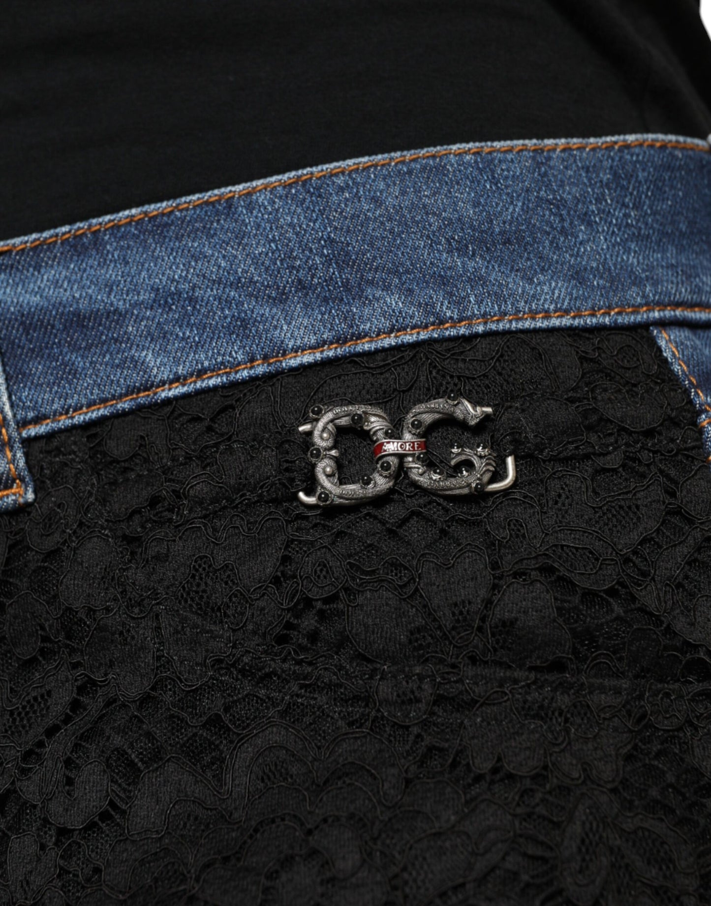 Jean skinny en denim noir à dentelle florale Dolce & Gabbana