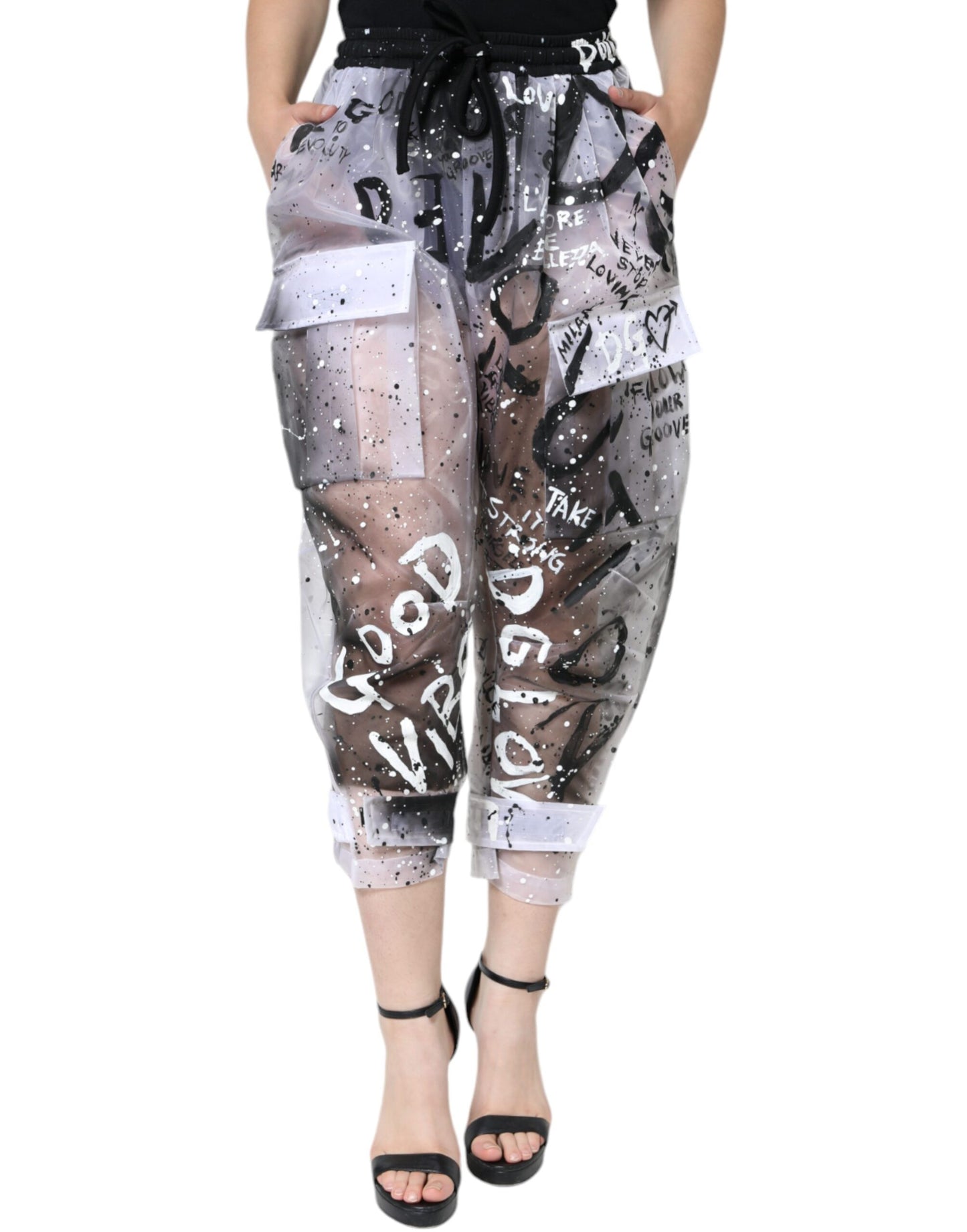 Dolce & Gabbana – Weiße, durchsichtige Cargohose mit kurzem Logo