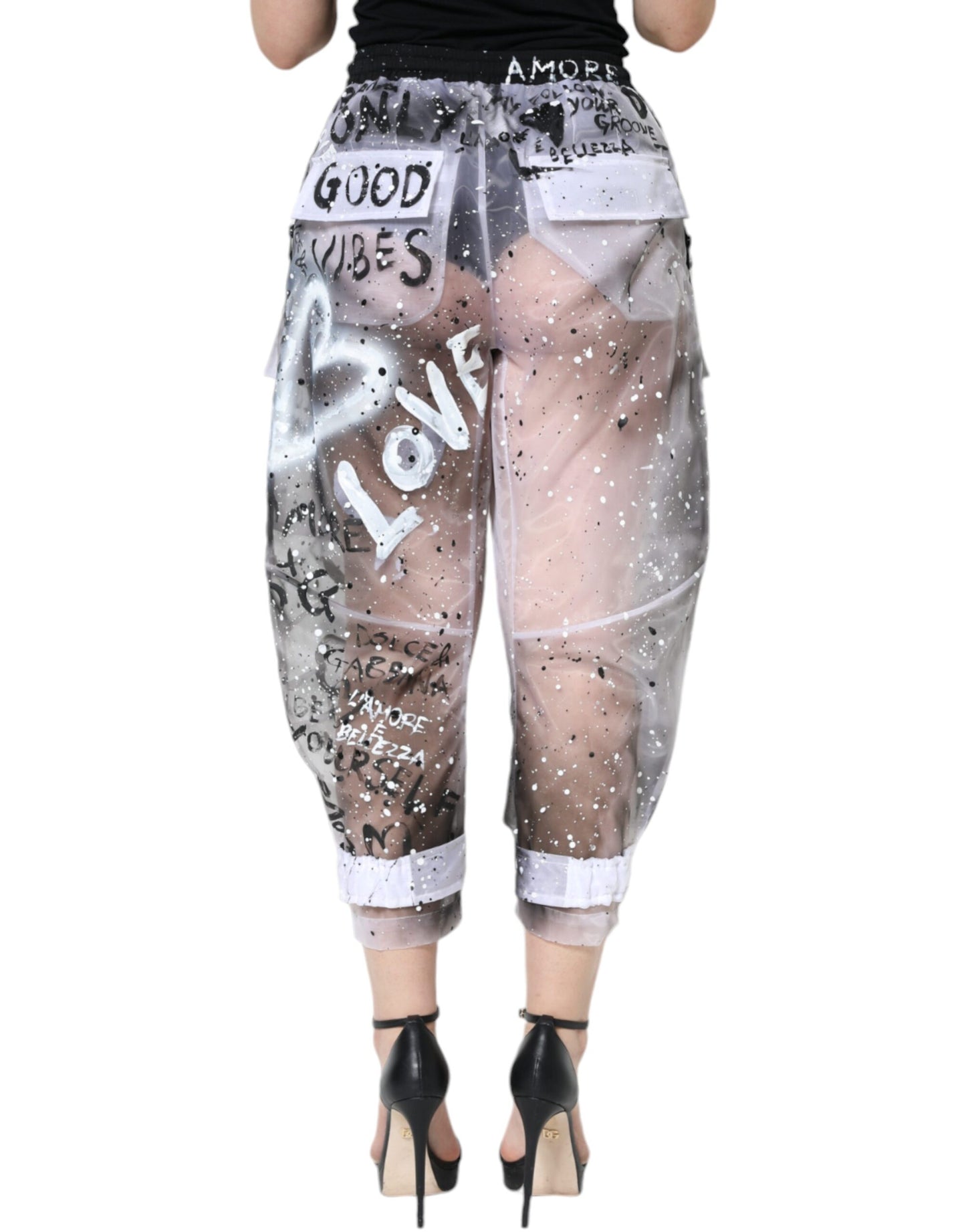 Dolce & Gabbana – Weiße, durchsichtige Cargohose mit kurzem Logo