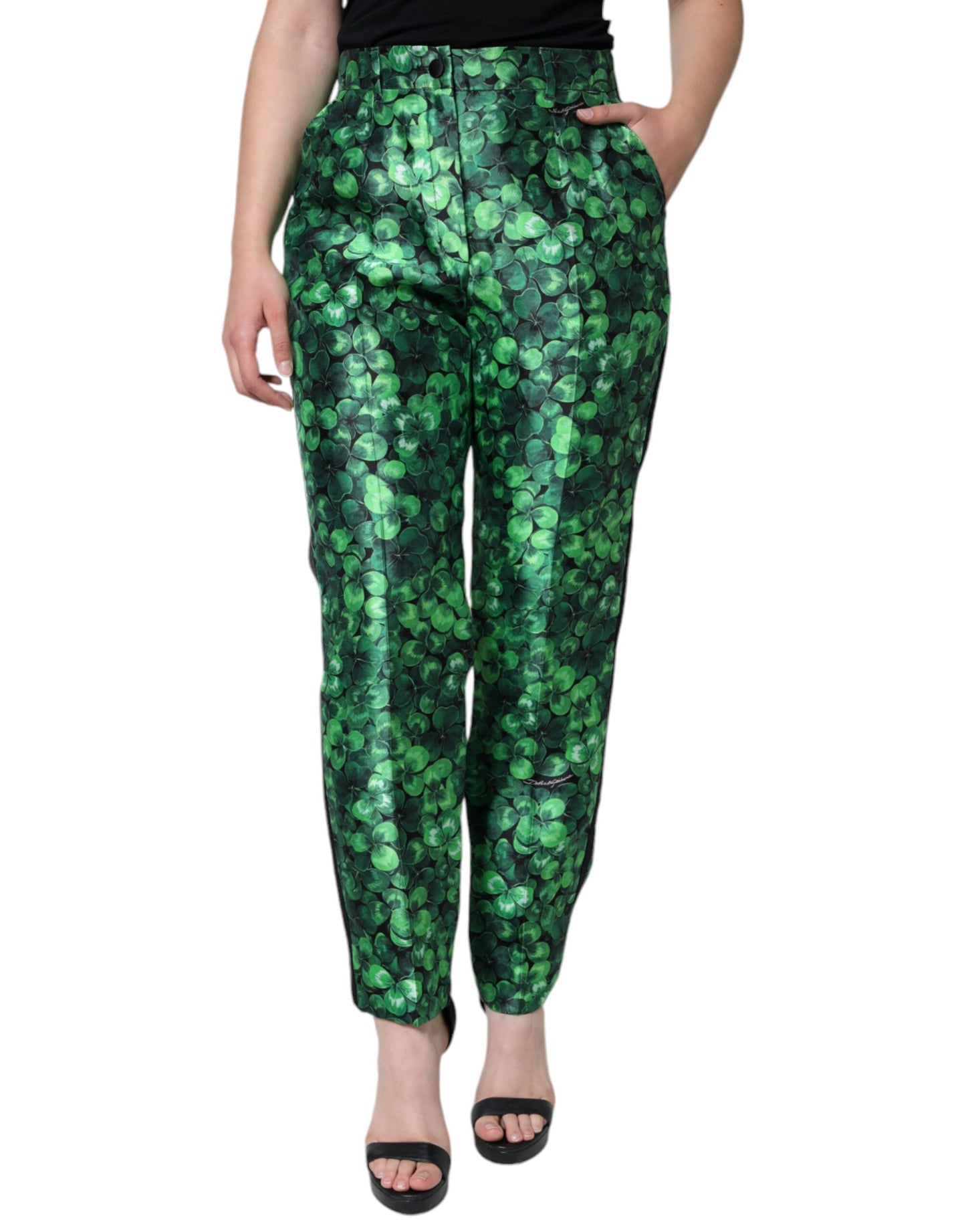 Pantalon fuselé taille haute en satin de soie Green Clover de Dolce & Gabbana