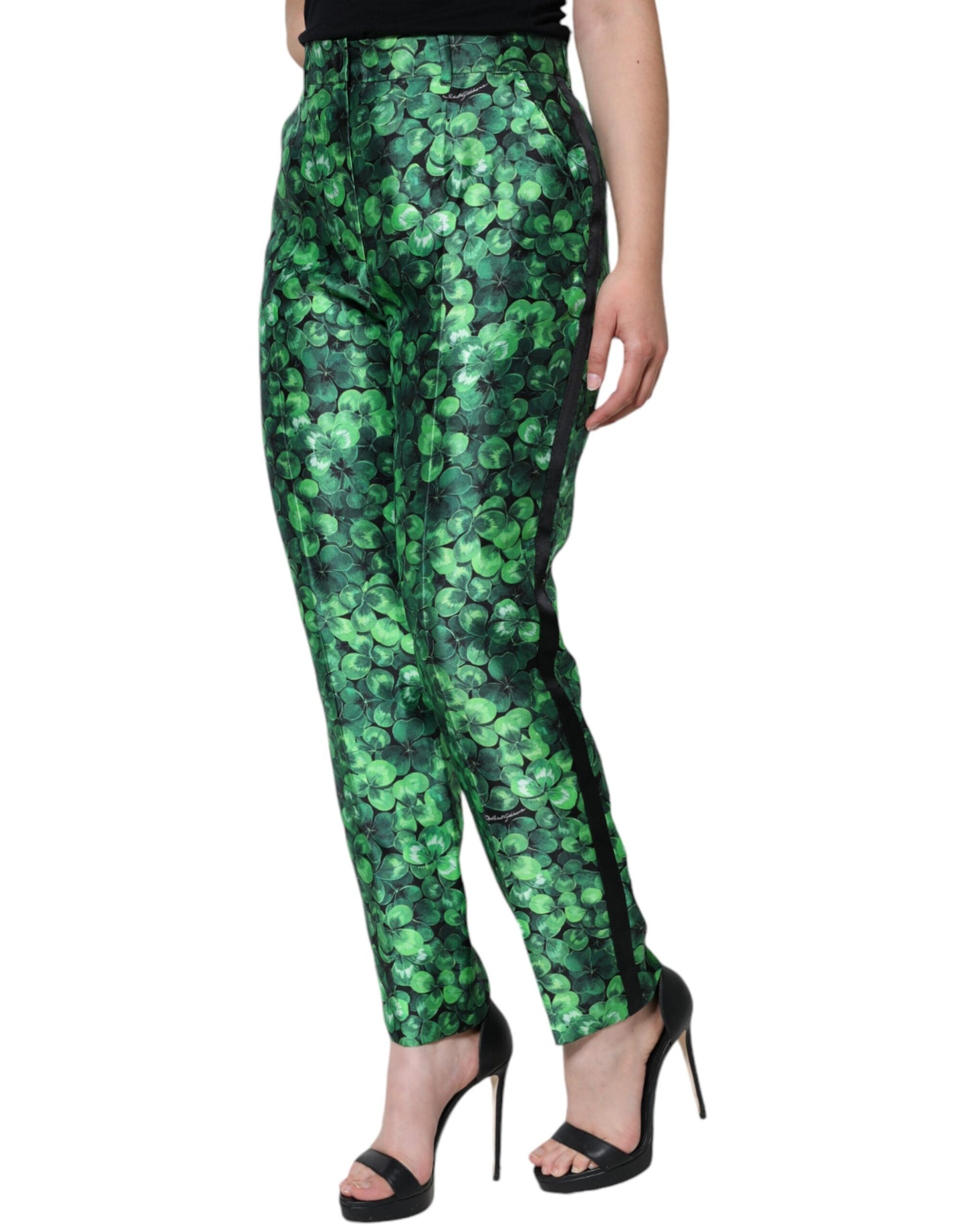 Pantalon fuselé taille haute en satin de soie Green Clover de Dolce & Gabbana