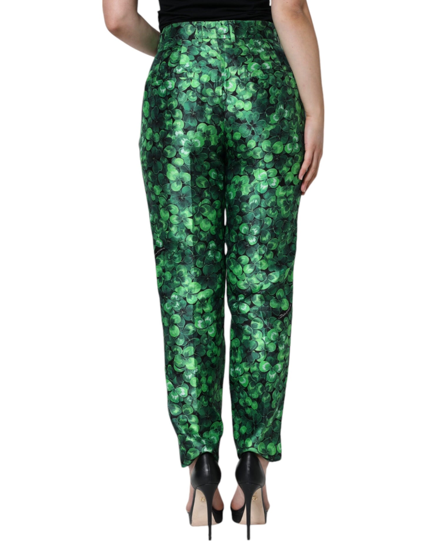 Pantalon fuselé taille haute en satin de soie Green Clover de Dolce & Gabbana