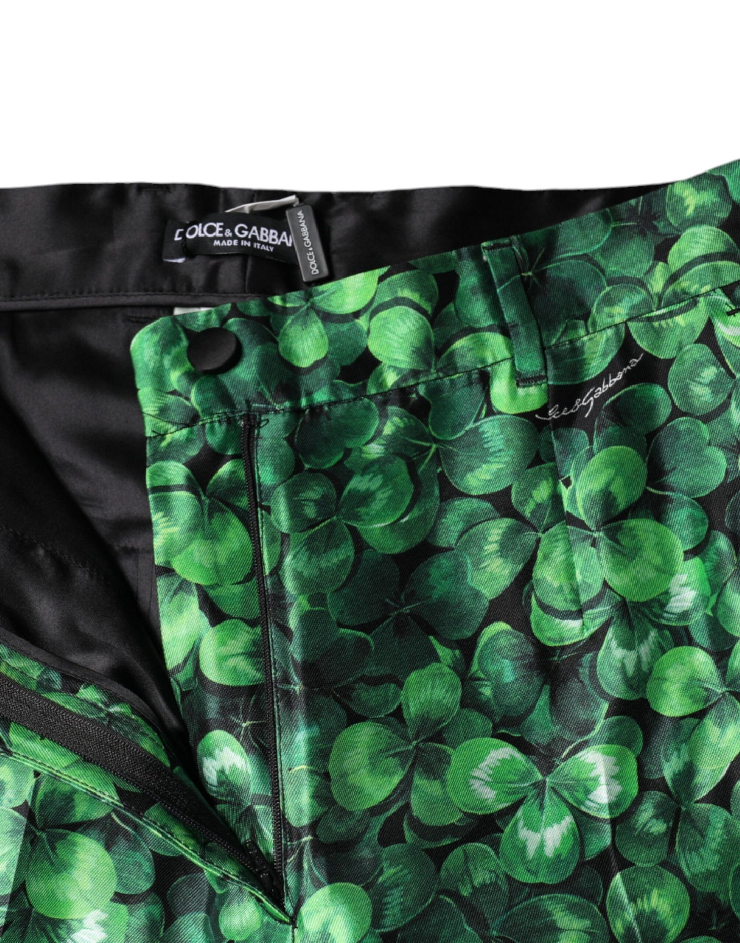 Pantalon fuselé taille haute en satin de soie Green Clover de Dolce & Gabbana