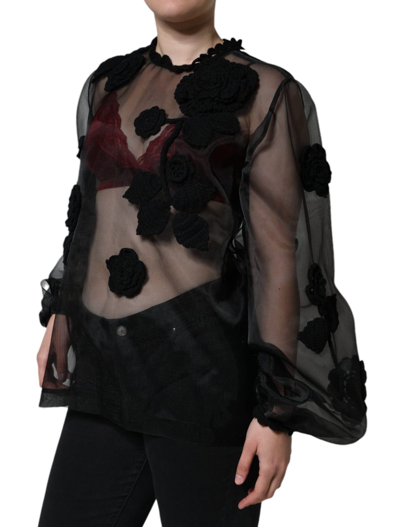 Chemisier fleuri transparent en maille de nylon noir Dolce & Gabbana