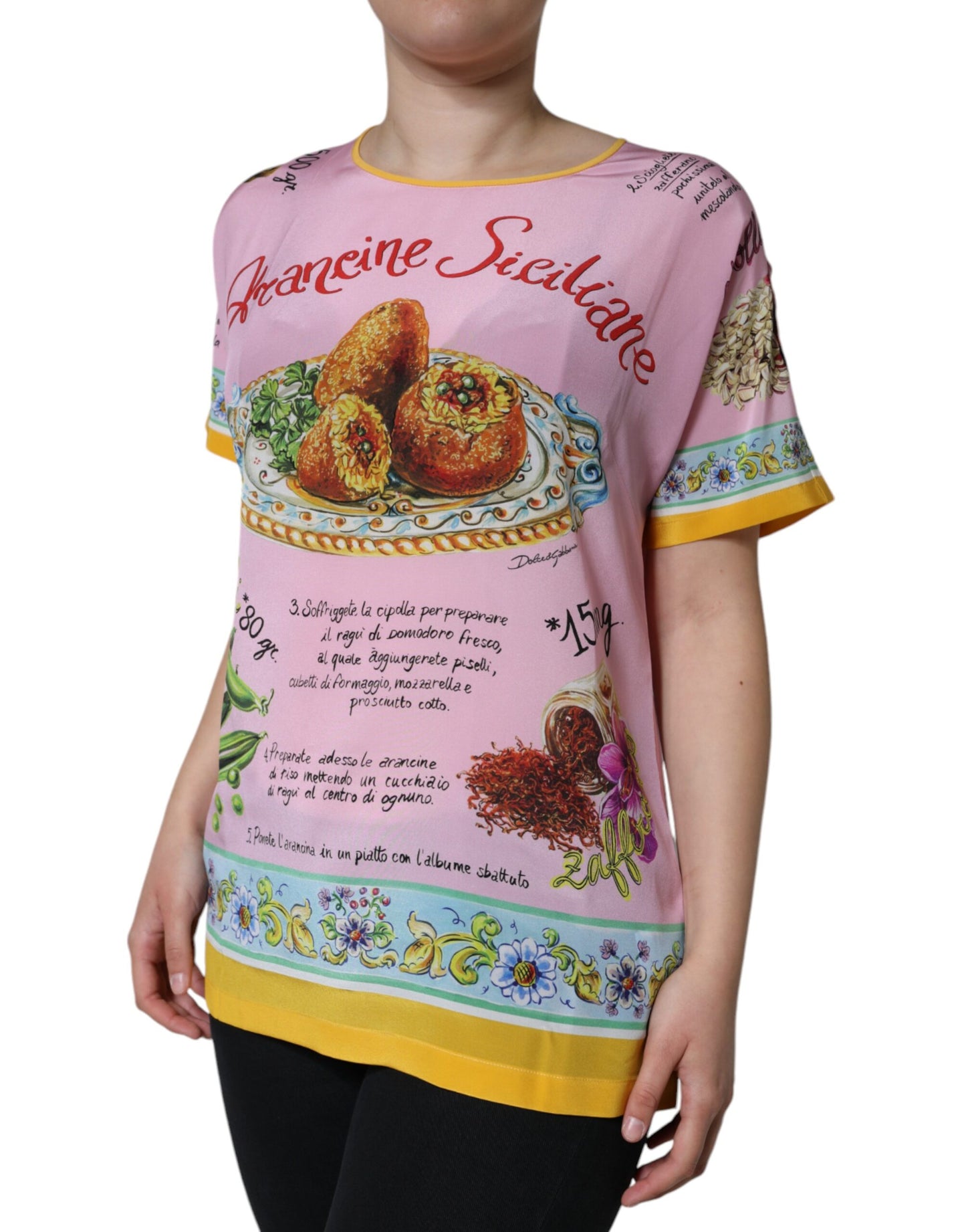 Haut à manches courtes en soie rose à imprimé Araneine Siciliana de Dolce & Gabbana