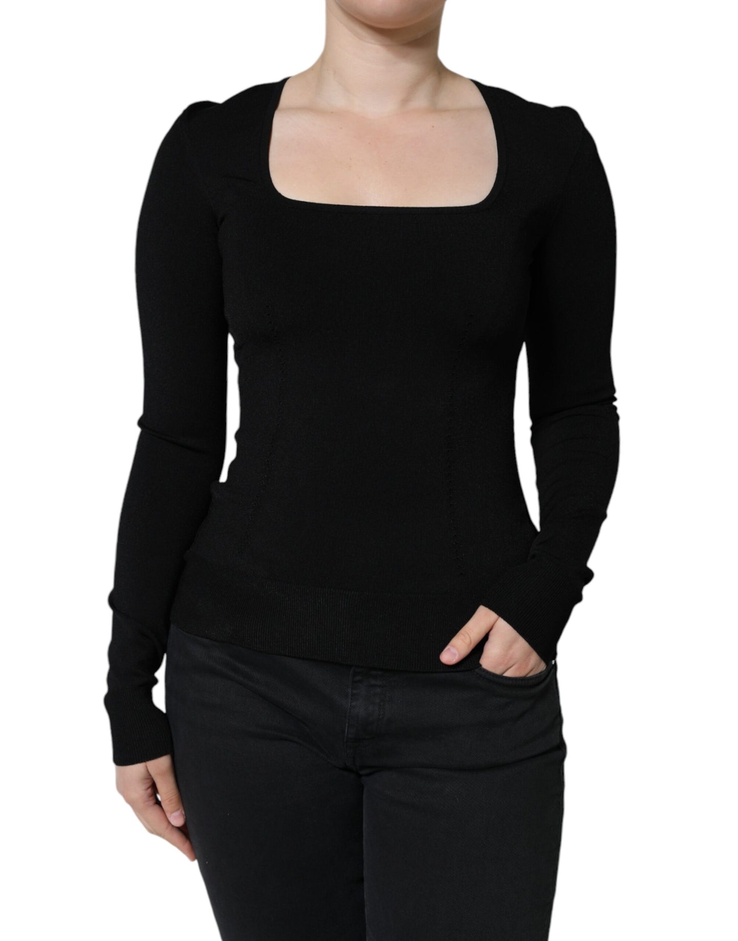 Dolce & Gabbana – Schwarze Bluse mit langen Ärmeln und quadratischem Ausschnitt