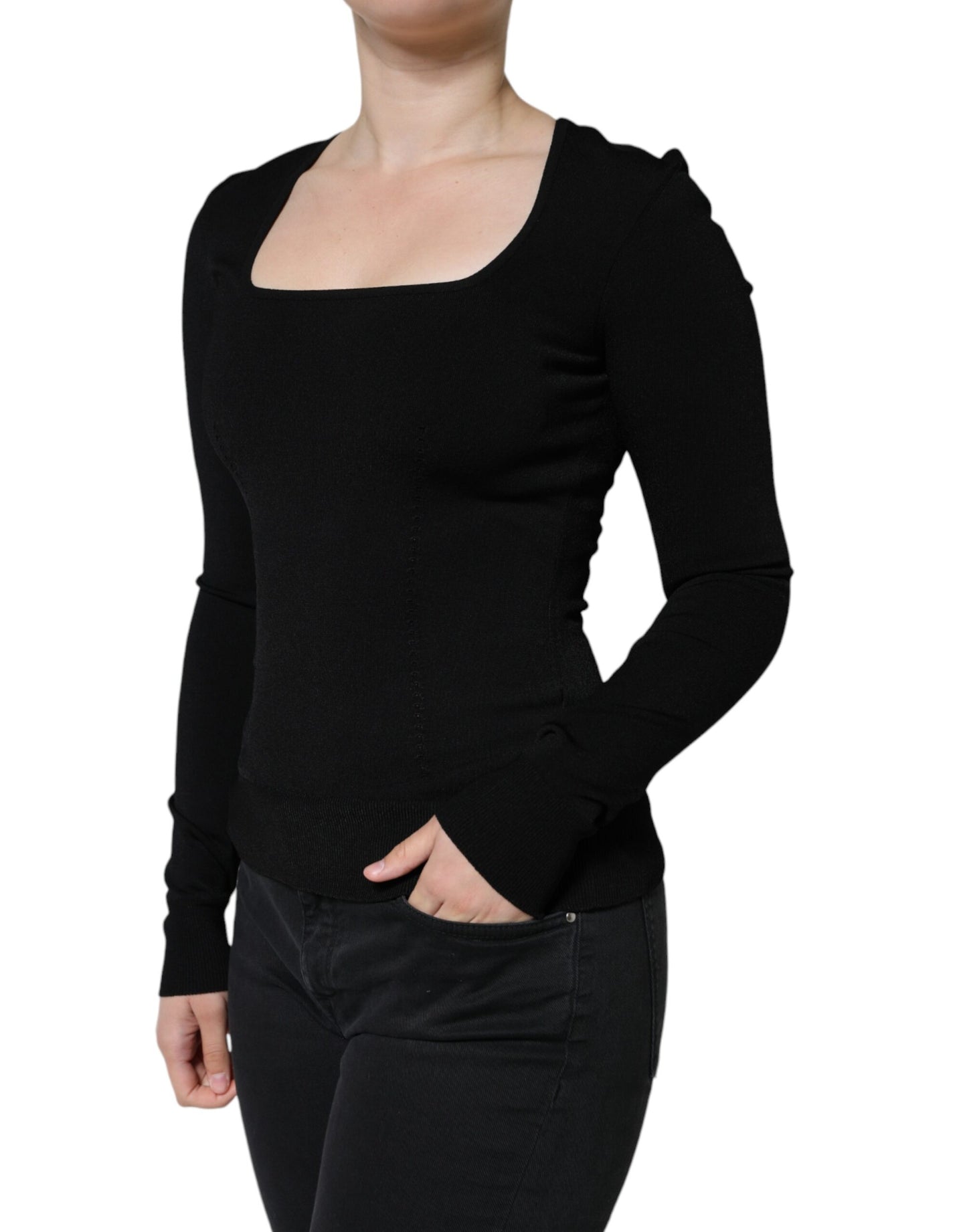Dolce & Gabbana – Schwarze Bluse mit langen Ärmeln und quadratischem Ausschnitt