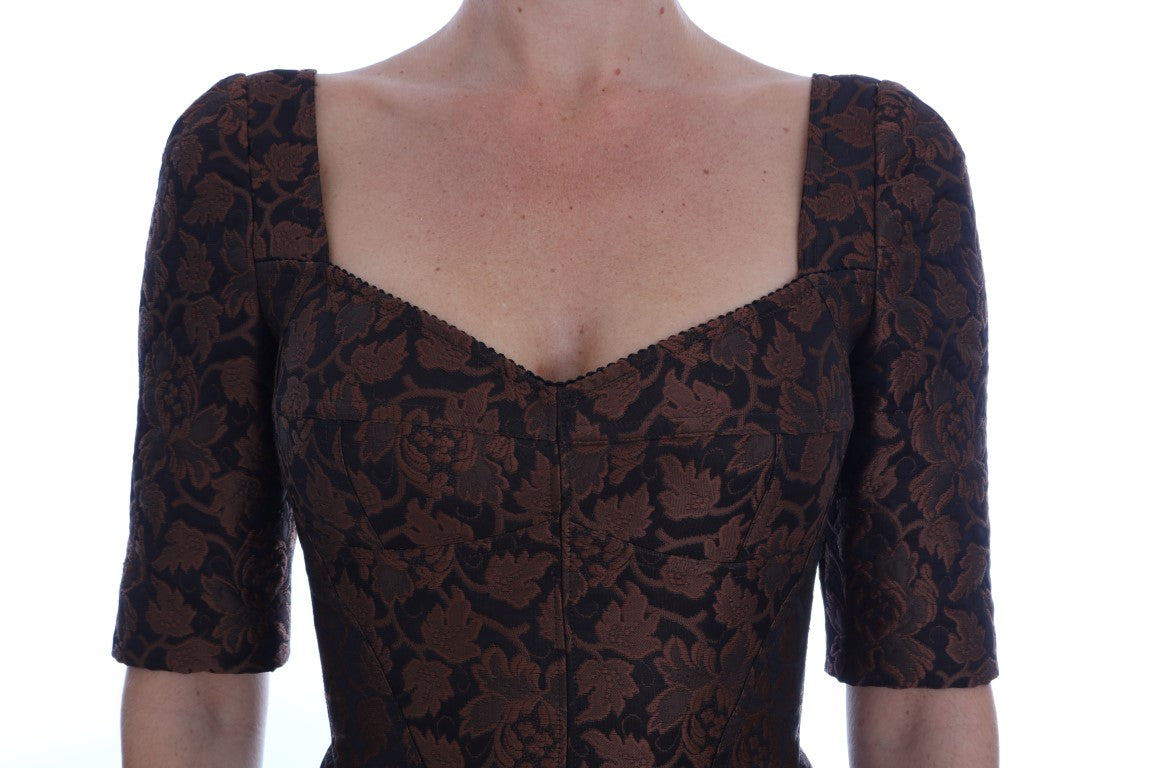 Robe trapèze en brocart floral noir et marron Dolce & Gabbana