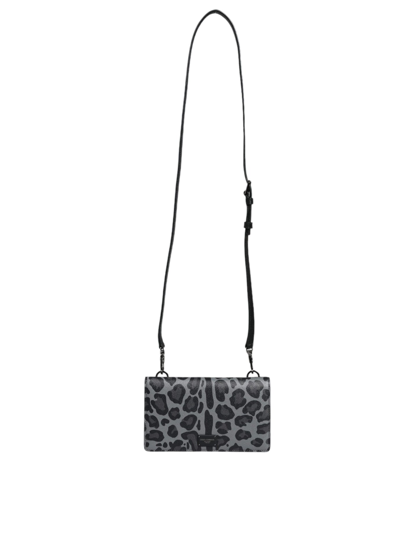 Sac bandoulière Dolce & Gabbana en cuir léopard noir et gris avec deux volets et fentes pour cartes