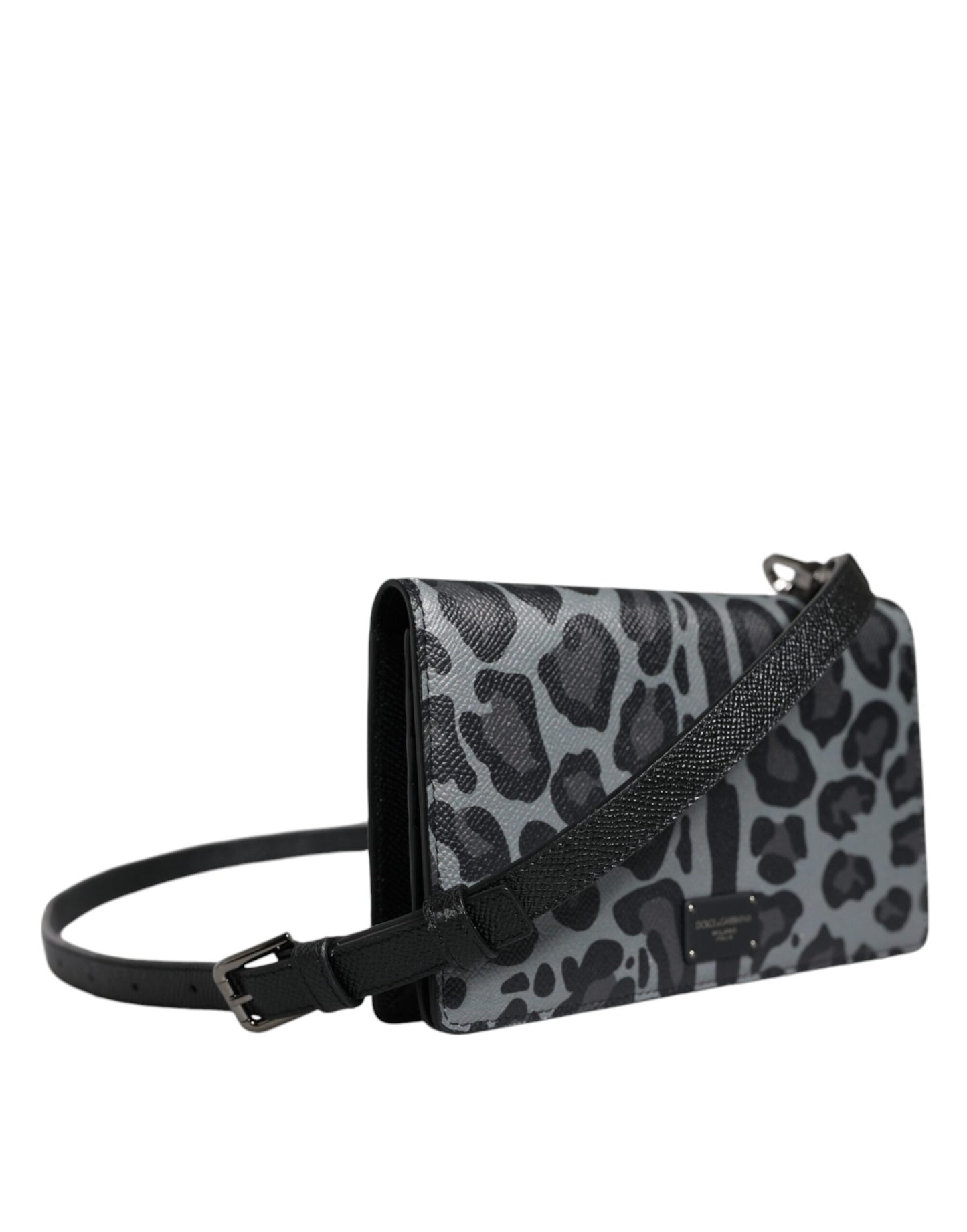 Sac bandoulière Dolce & Gabbana en cuir léopard noir et gris avec deux volets et fentes pour cartes