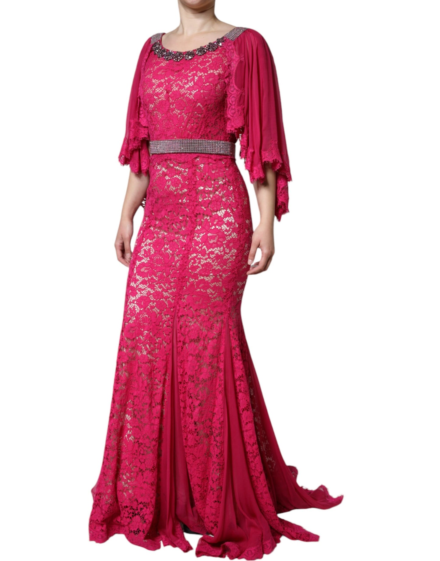 Robe fourreau longue en dentelle rose et cristaux Dolce & Gabbana