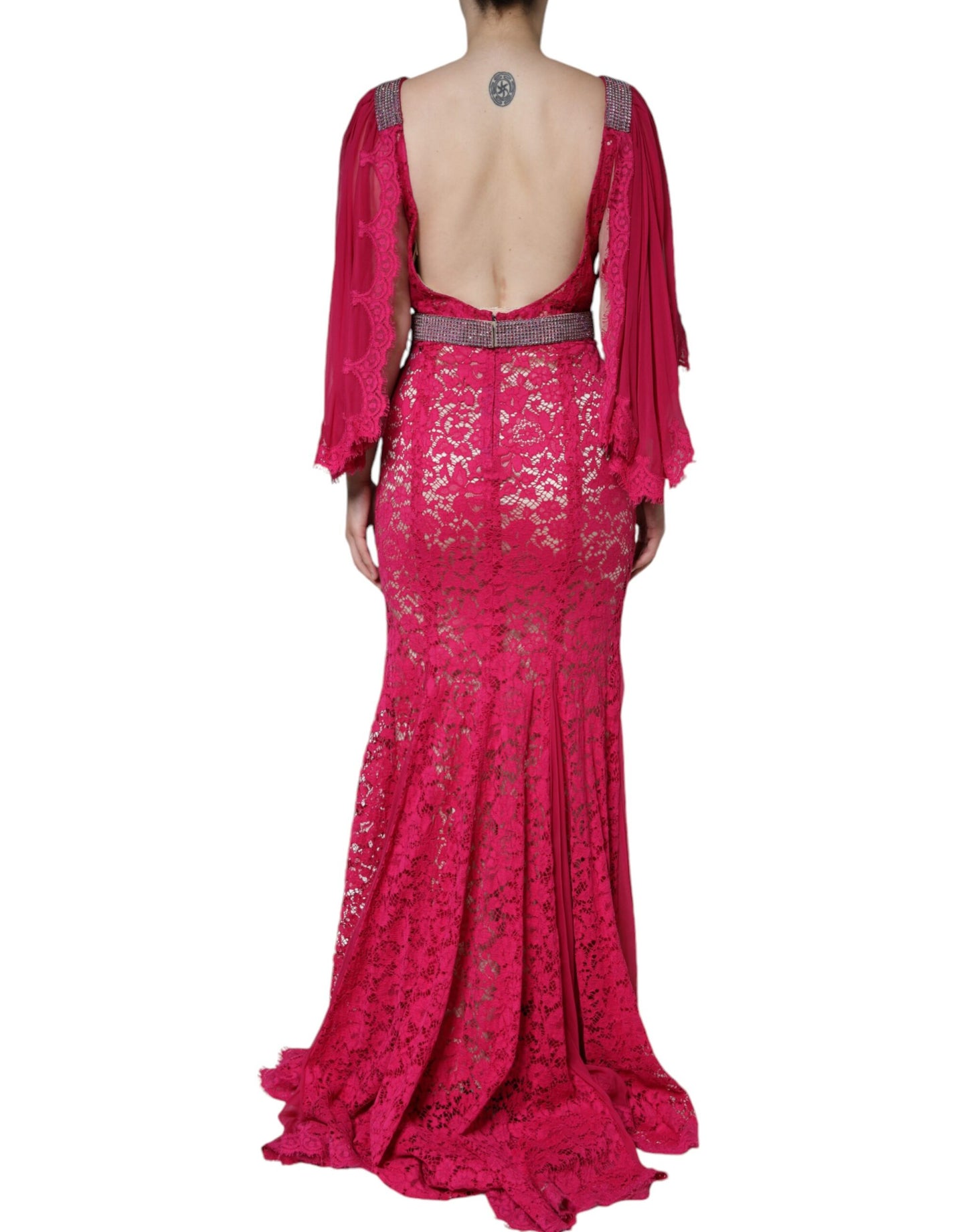 Robe fourreau longue en dentelle rose et cristaux Dolce & Gabbana
