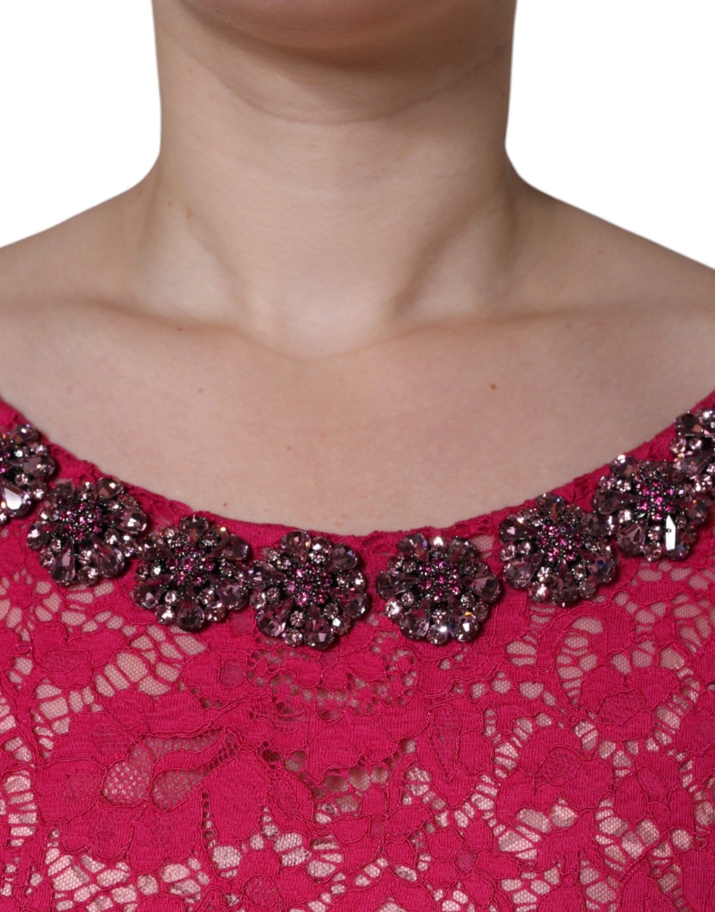 Robe fourreau longue en dentelle rose et cristaux Dolce & Gabbana