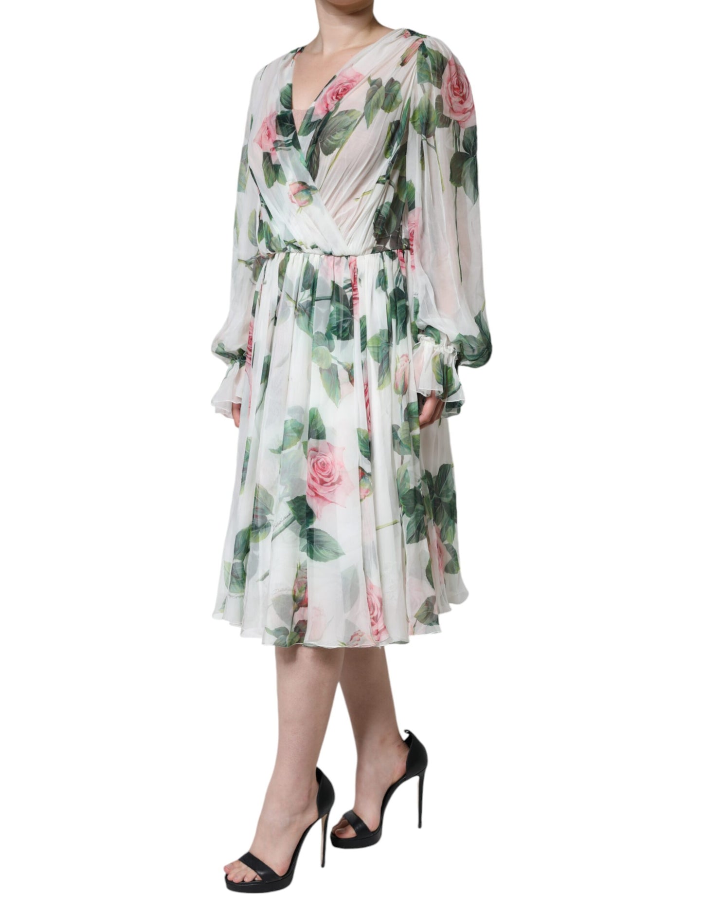 Dolce & Gabbana – Weißes Midikleid aus Seide mit Blumenmuster in A-Linie