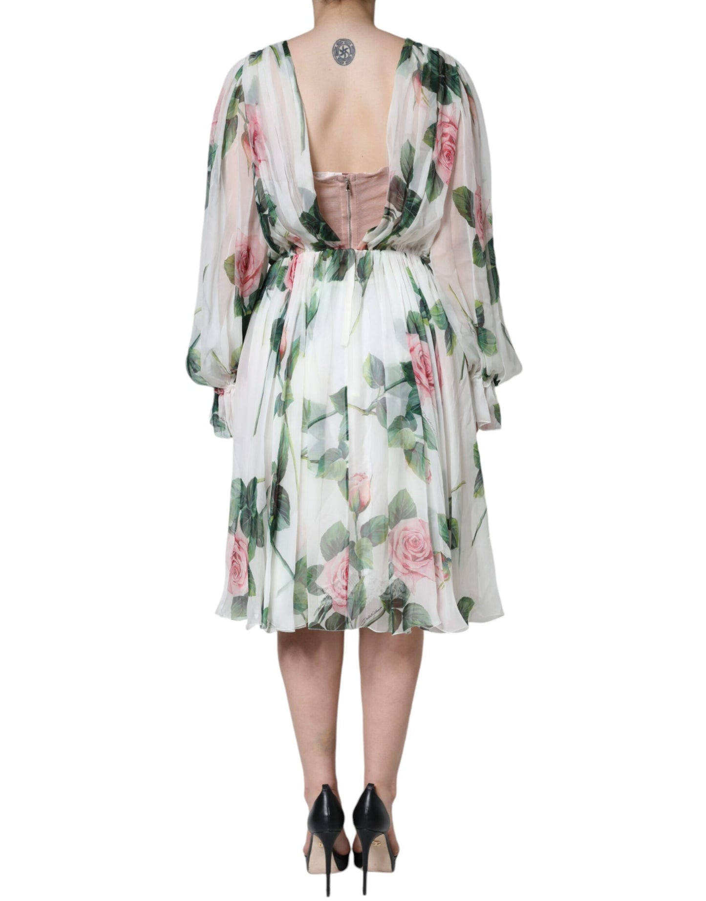 Dolce & Gabbana – Weißes Midikleid aus Seide mit Blumenmuster in A-Linie
