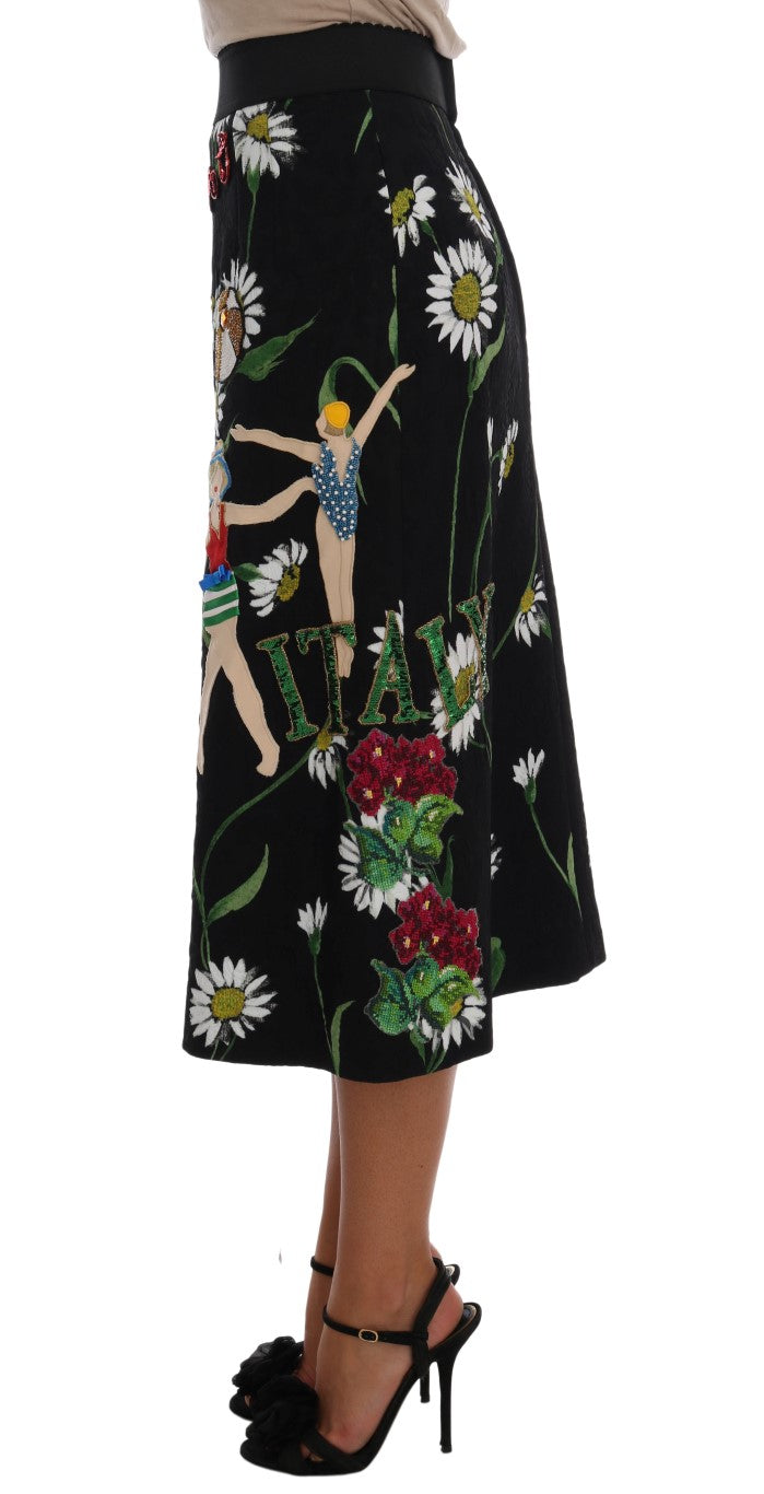 Jupe en brocart noir à ornements marguerites Dolce & Gabbana