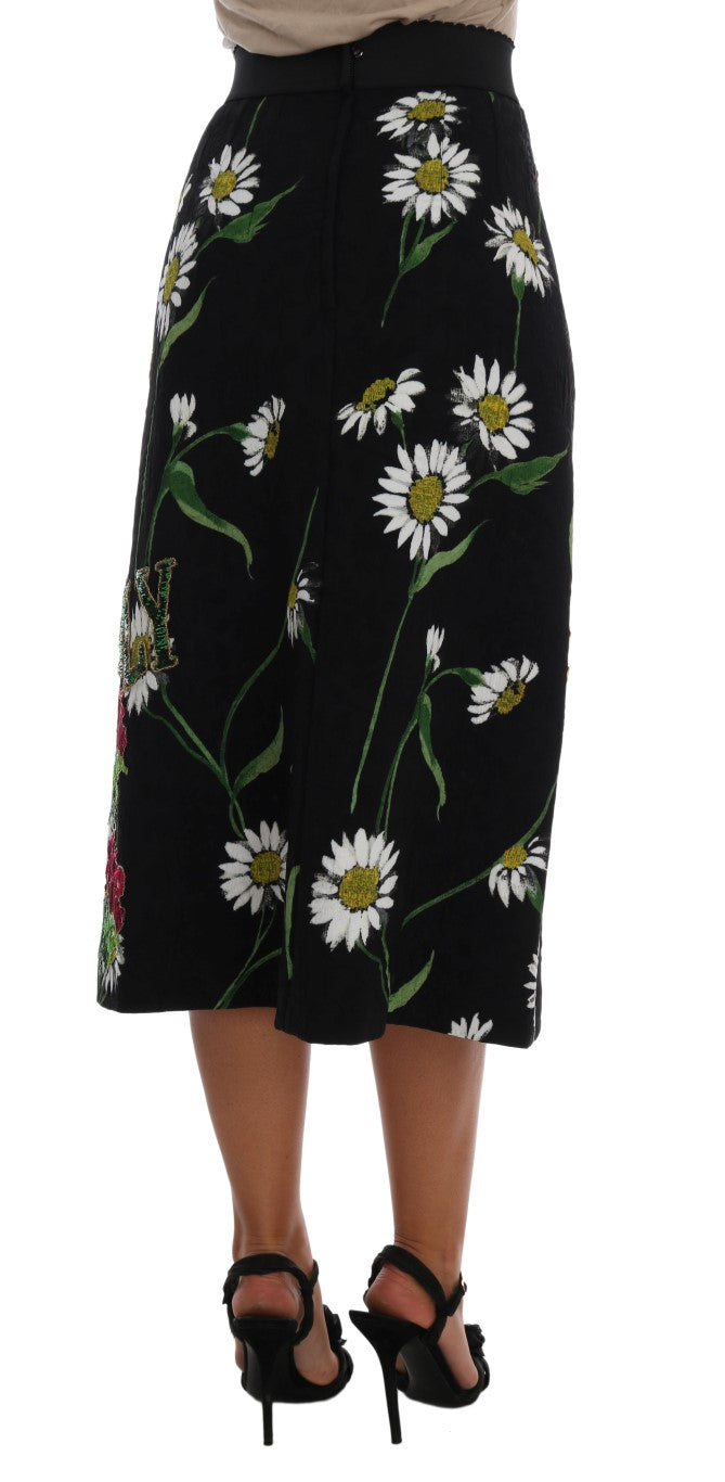 Jupe en brocart noir à ornements marguerites Dolce & Gabbana