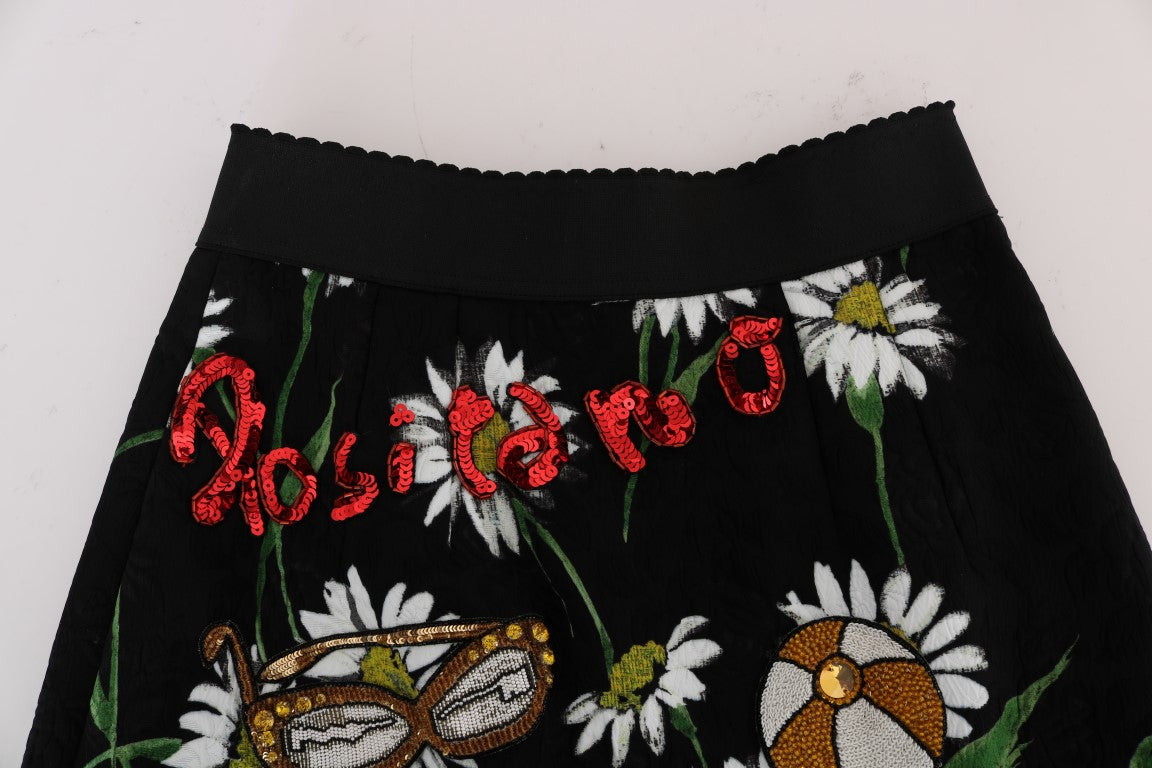 Jupe en brocart noir à ornements marguerites Dolce & Gabbana