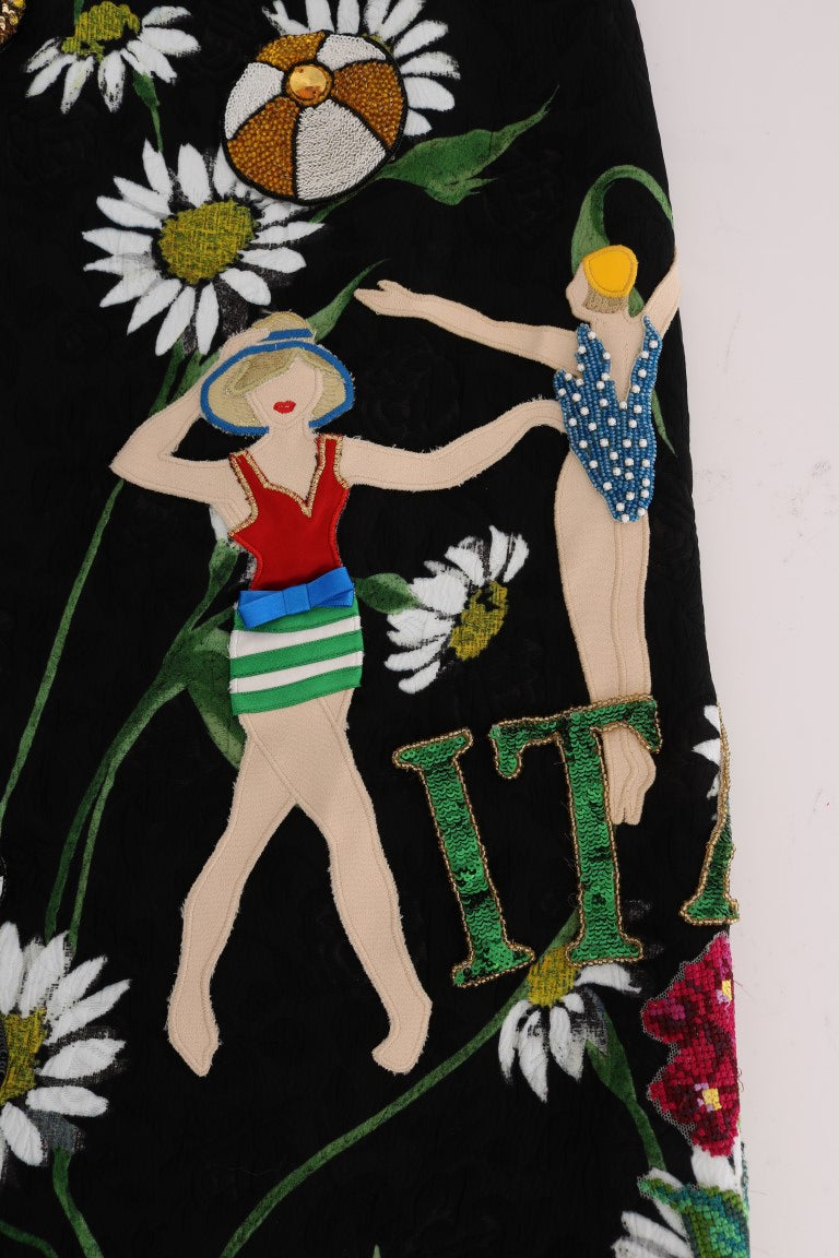 Jupe en brocart noir à ornements marguerites Dolce & Gabbana