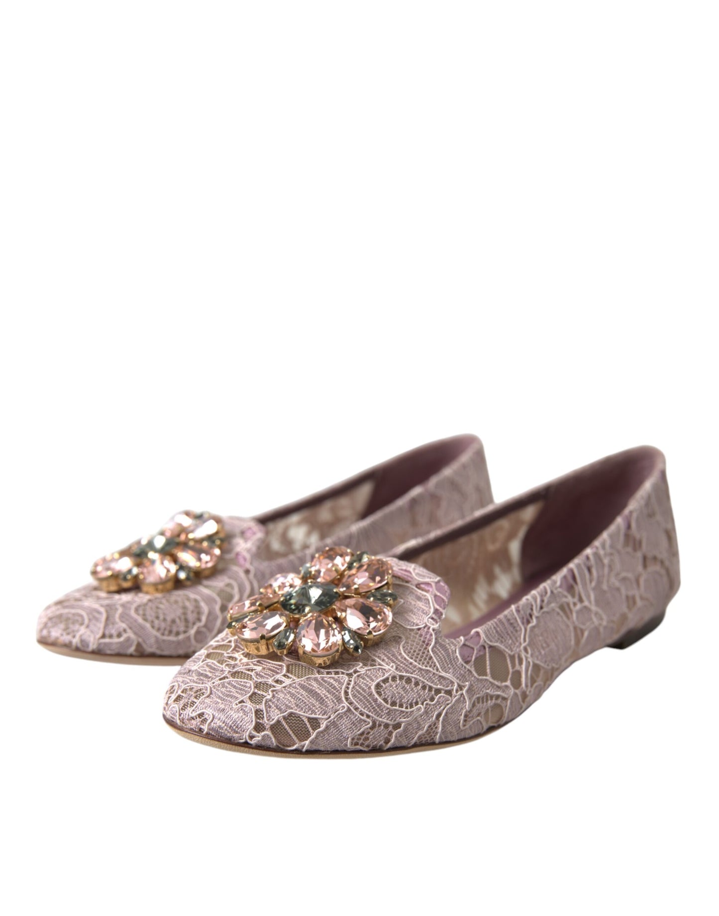 Mocassins ballerines en dentelle et cristaux roses Dolce & Gabbana